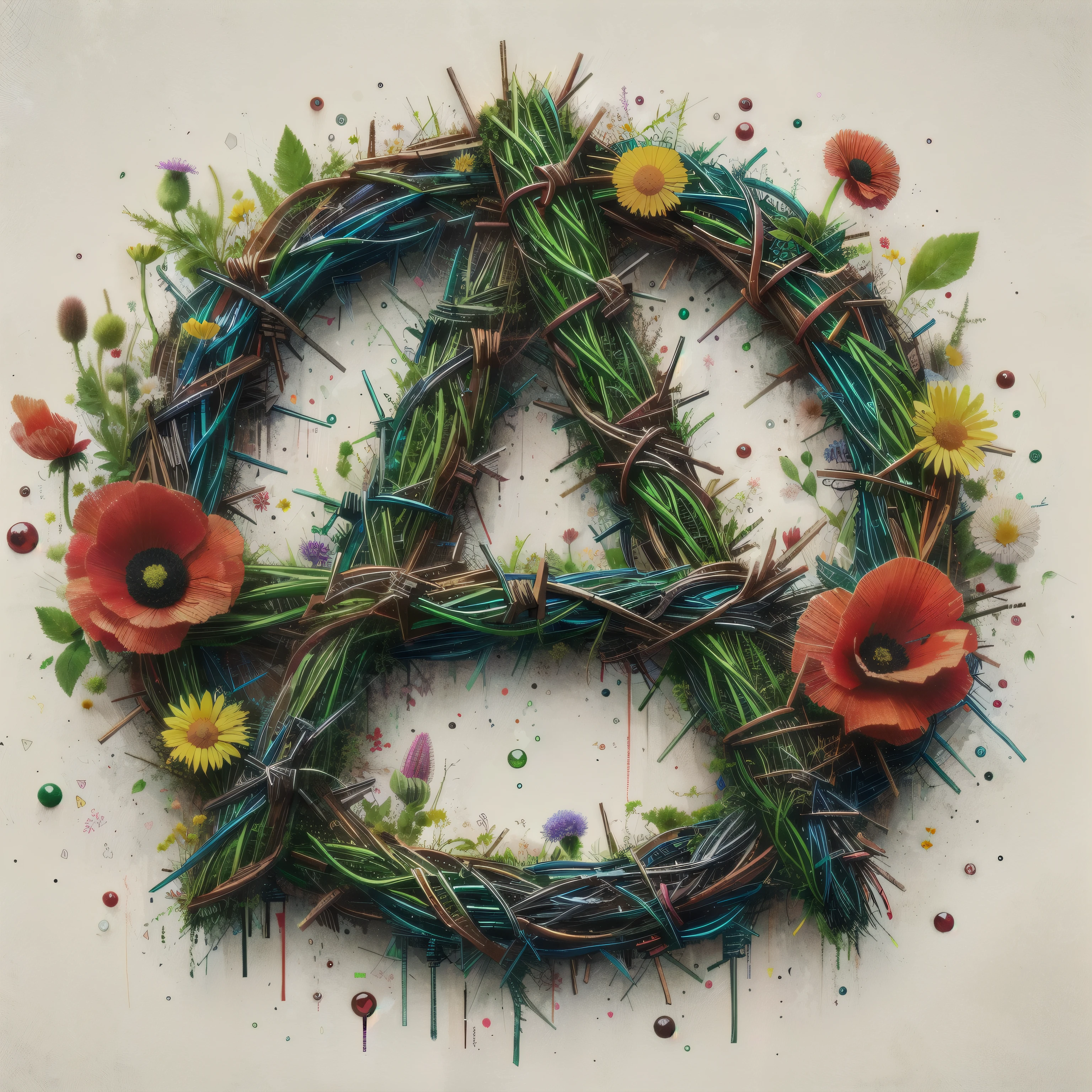 wreath made of twigs and flowers with a anarchy sign, amazing art, anarchy, beautiful art, made of wildflowers, official artwork, gorgeous art, beautiful artwork, stunning artwork, ecological art,