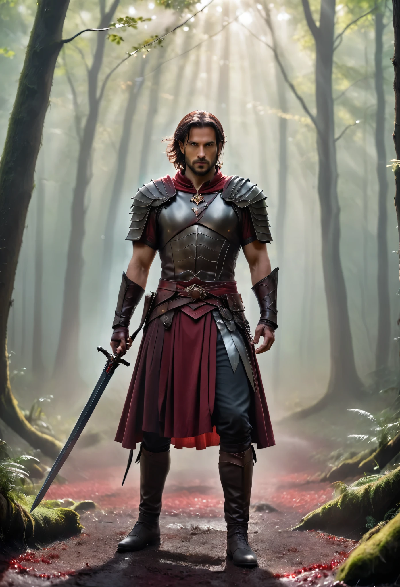 Handsome 35 year old French male warrior in dark red skirt, misty forest background.bokeh background.portrait,(best quality,4k,8k,high definition,masterpiece:1,2) Art Station contest winners, fantasy art, holding warrior sword,