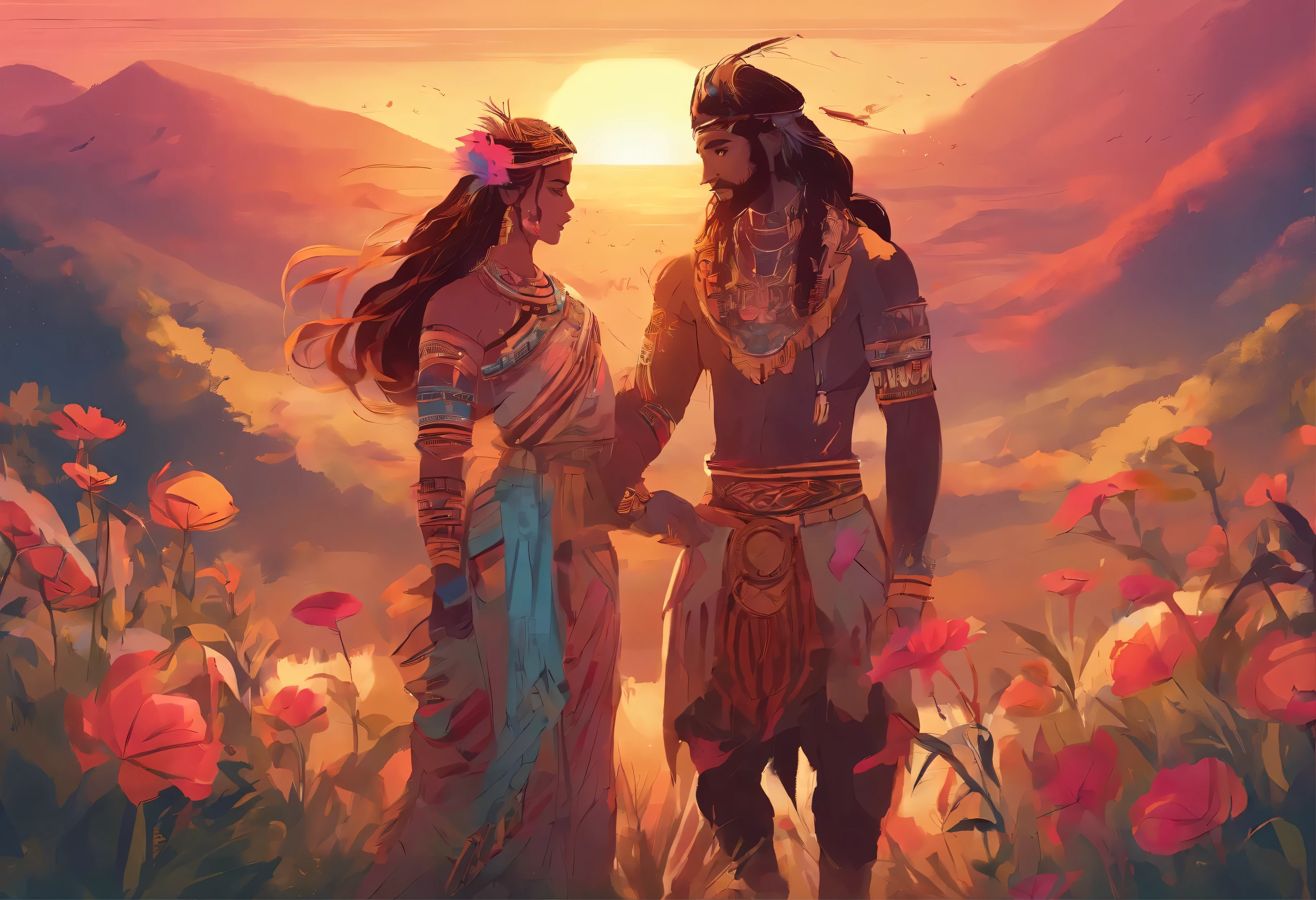 (best quality,4k,highres,masterpiece:1.2),ultra-detailed,beautiful detailed eyes,beautiful detailed lips,extremely detailed eyes and face,longeyelashes,loving facial expressions,two people deeply in love,couple embracing each other,couple in tribal clothing,clothing adorned with traditional tribal patterns,tribal headdresses and accessories,colorful tribal outfits,fields of vibrant flowers,beautiful sunset lighting,warm and golden color tone,soft and gentle glow,romantic and dreamy atmosphere,artistic and painterly style