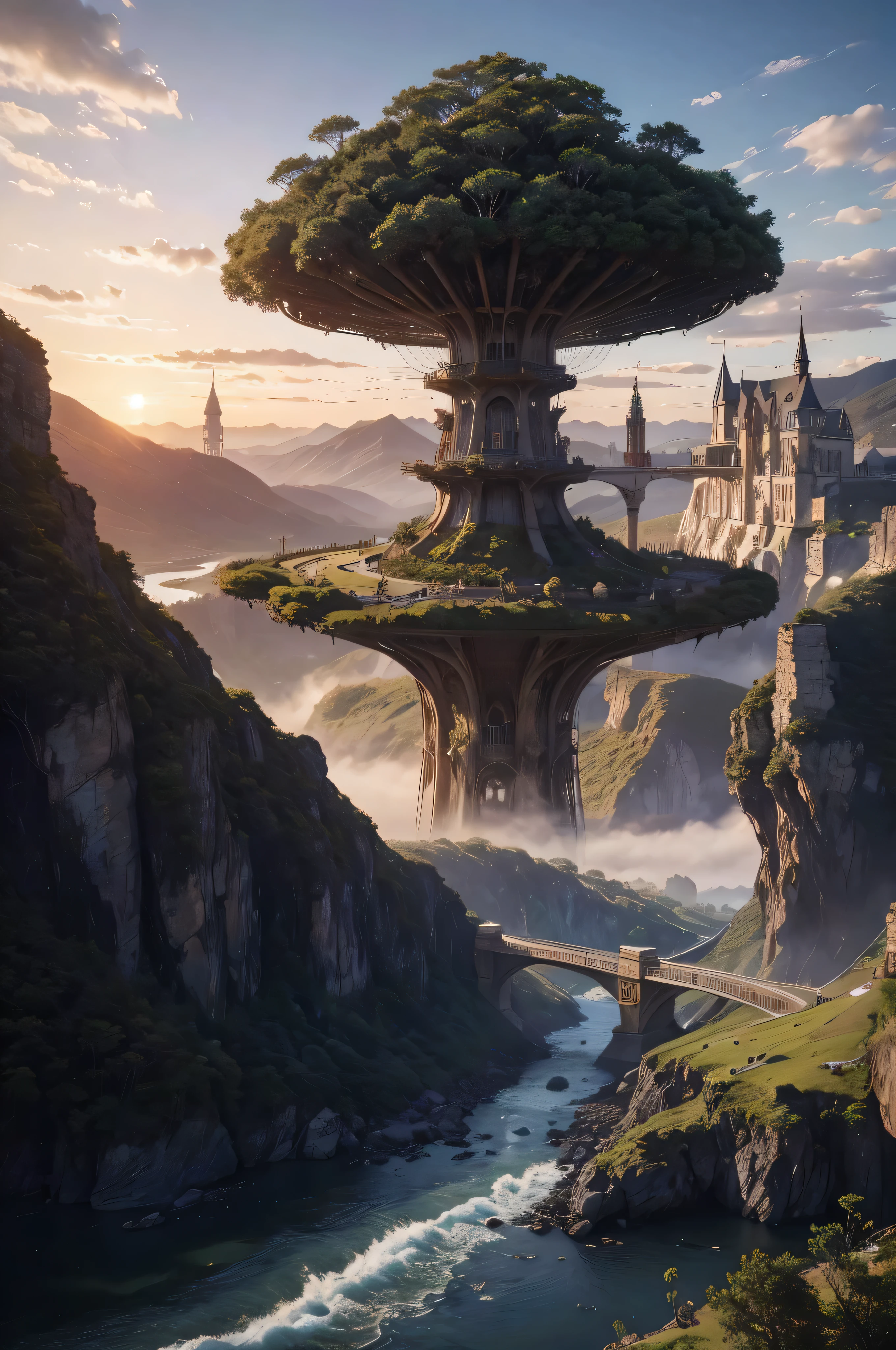 (masterpiece:1.2), extremely intricate details, ff14style, dynamic painting, depicting a bustling city with a majestic bridge spanning wide rivers, surrounded by towering giant mushrooms. The vast landscape bursts with vivid colors