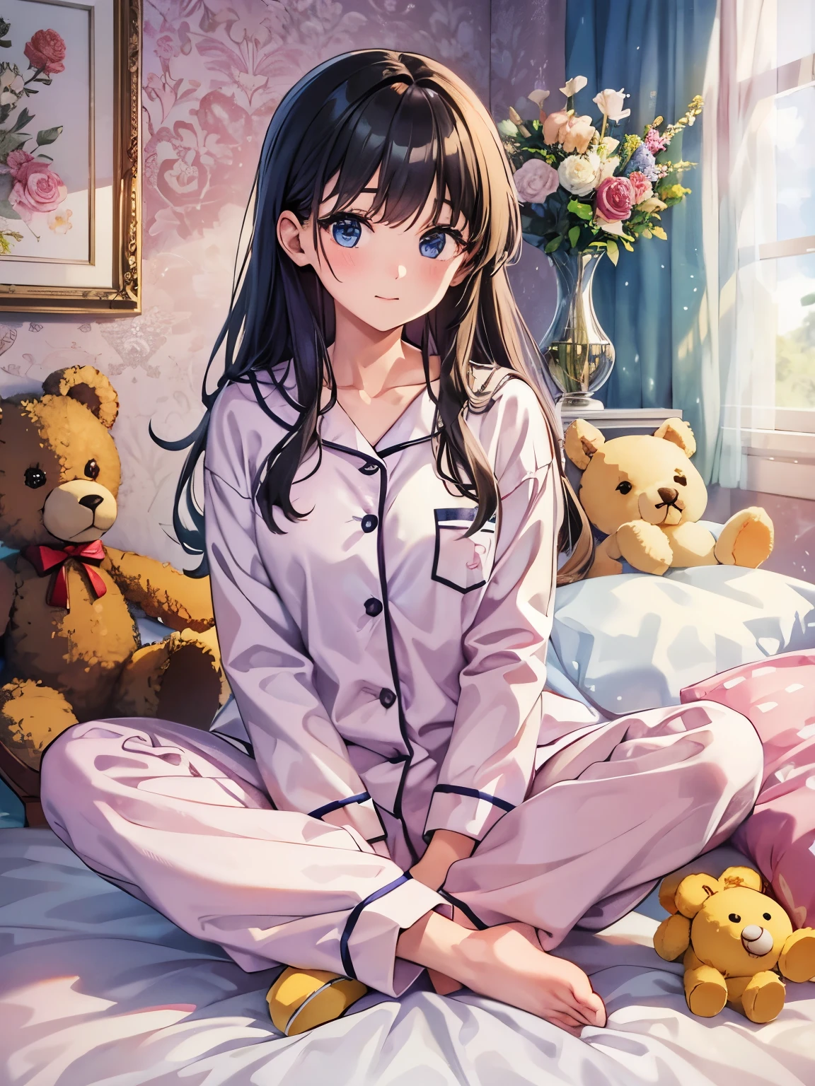 Cute 18 year old girl wearing colorful pajamas, A room full of teddy bears、room full of flowers、anime style image