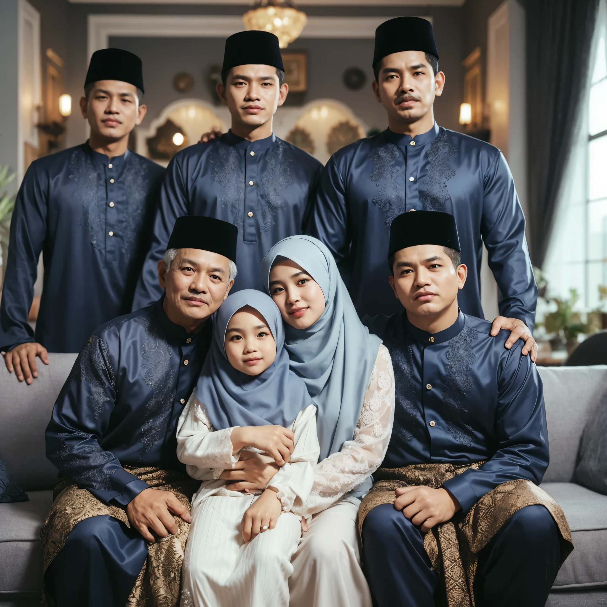 A friendly close-up photo style, Indonesian people, seven members, clean faces, a 50-year-old grandfather, a 50-year-old grandmother holding a 6-year-old granddaughter, wearing a hijab, sitting on a sofa, and four adult men standing behind the sofa, they are wearing traditional Malay attire and luxurious navy blue sharia long dresses, embracing each other, comfortable, in a luxurious living room background, with Islamic decorations in the living room, realistic, UHD, 8K
