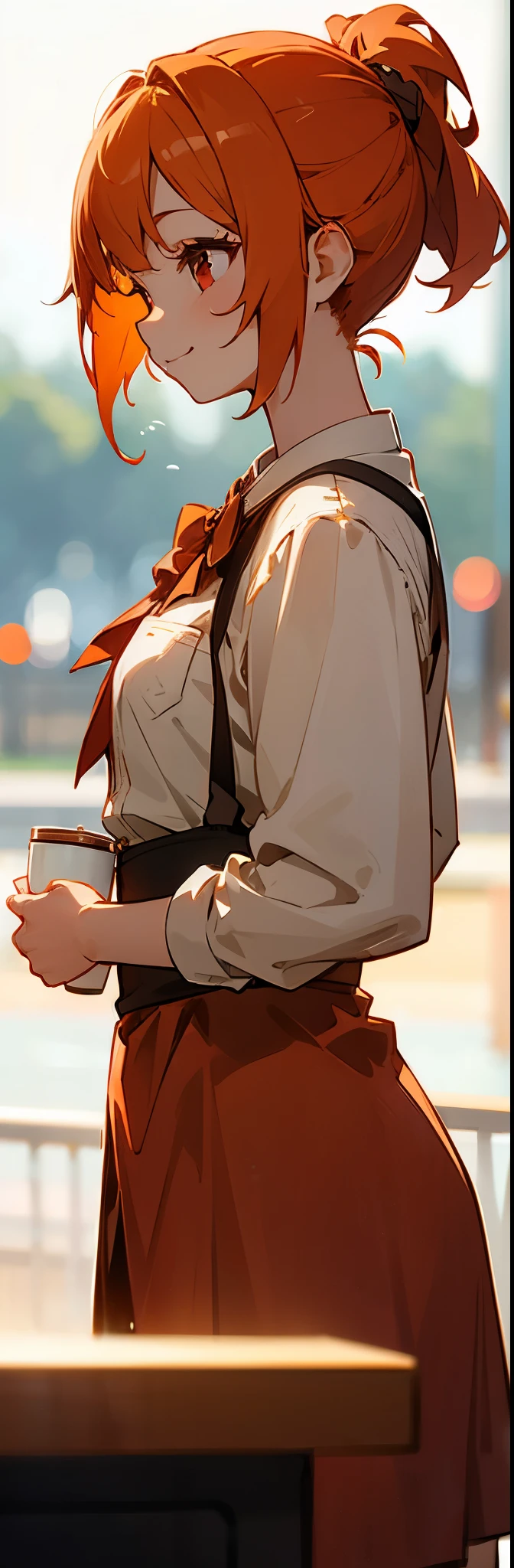 １girl、orange hair、ponytail、round red eyes、short hair、smile、From the side、cowboy shot、Morning café terrace、background bokeh, Depth of the bounds written