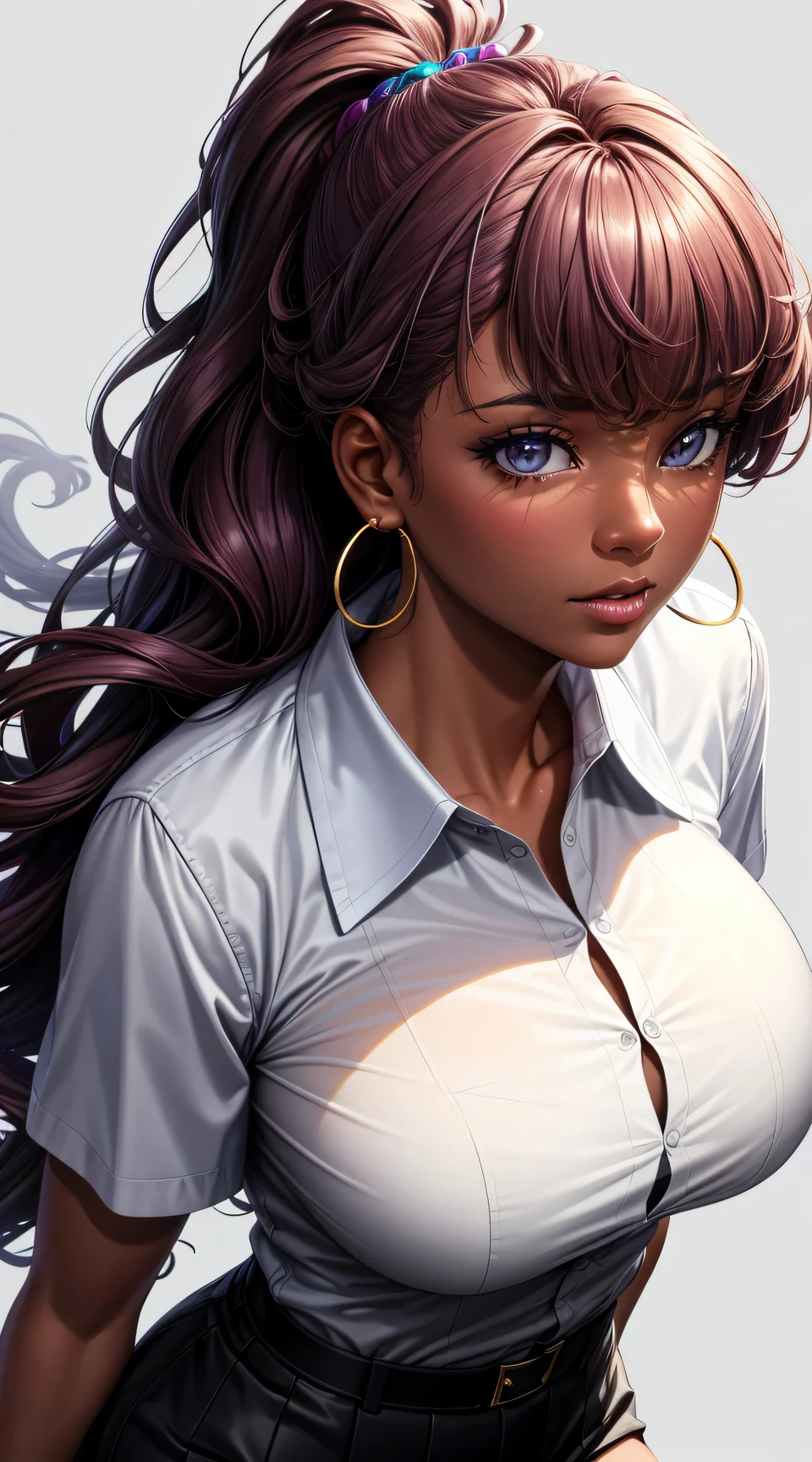 (best quality:1.5, highres, UHD, 4K, detailed lighting, shaders), (high quality eyes), curly floral haired, gradient hair, large breasts, suit, gray shirt, social shirt, short skirt, mature woman , (pov), white background, colorful eyeshadow, dramatic lighting, sparkling eyes, sensual expression, golden earrings, flowing hair, delicate facial features, dark skin, high cheekbones, urban setting, white background, dont look for the camera, lean forward, behind the camera