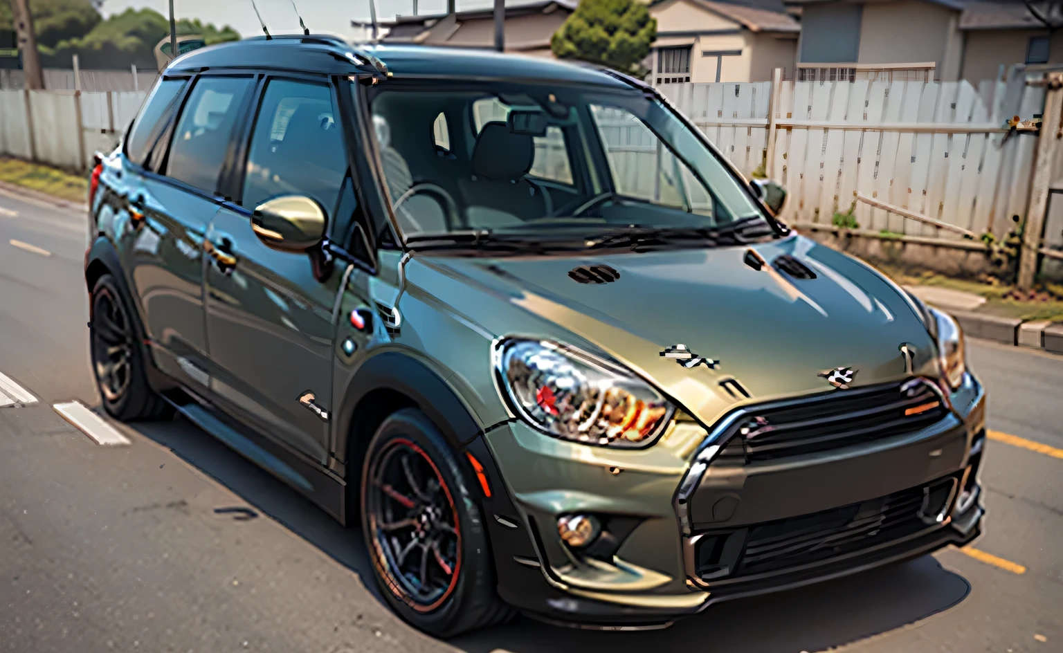 afternoon, carのそばに立っている女の子 1 人, car, swimsuit, 黒いcar, minivan, very detailed, incandescent light bulb, クールなcar, クールなcar, rocket bunny, Japan, JDM, グローの下のcar, Racecourse, (center frame), hire,