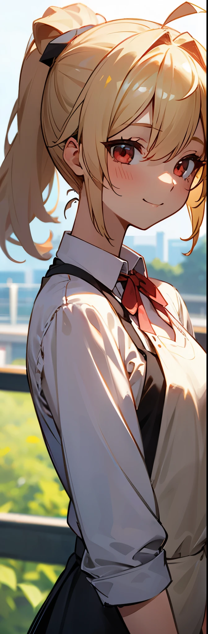 1girl、small breasts、blonde、red eye、ponytail、Ahoge、smile、From the side、upper body close-up、Morning café terrace、background bokeh, Depth of the bounds written