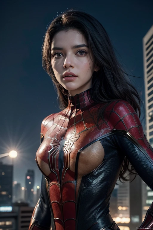 melhor qualidade, mulher linda com fantasia de homem aranha, rosto lindo, 25 anos, corpo perfeito, corpo inteiro, fantasia de spider man cor branco, seios grandes, Setting of a futuristic city, dia ensolarado.