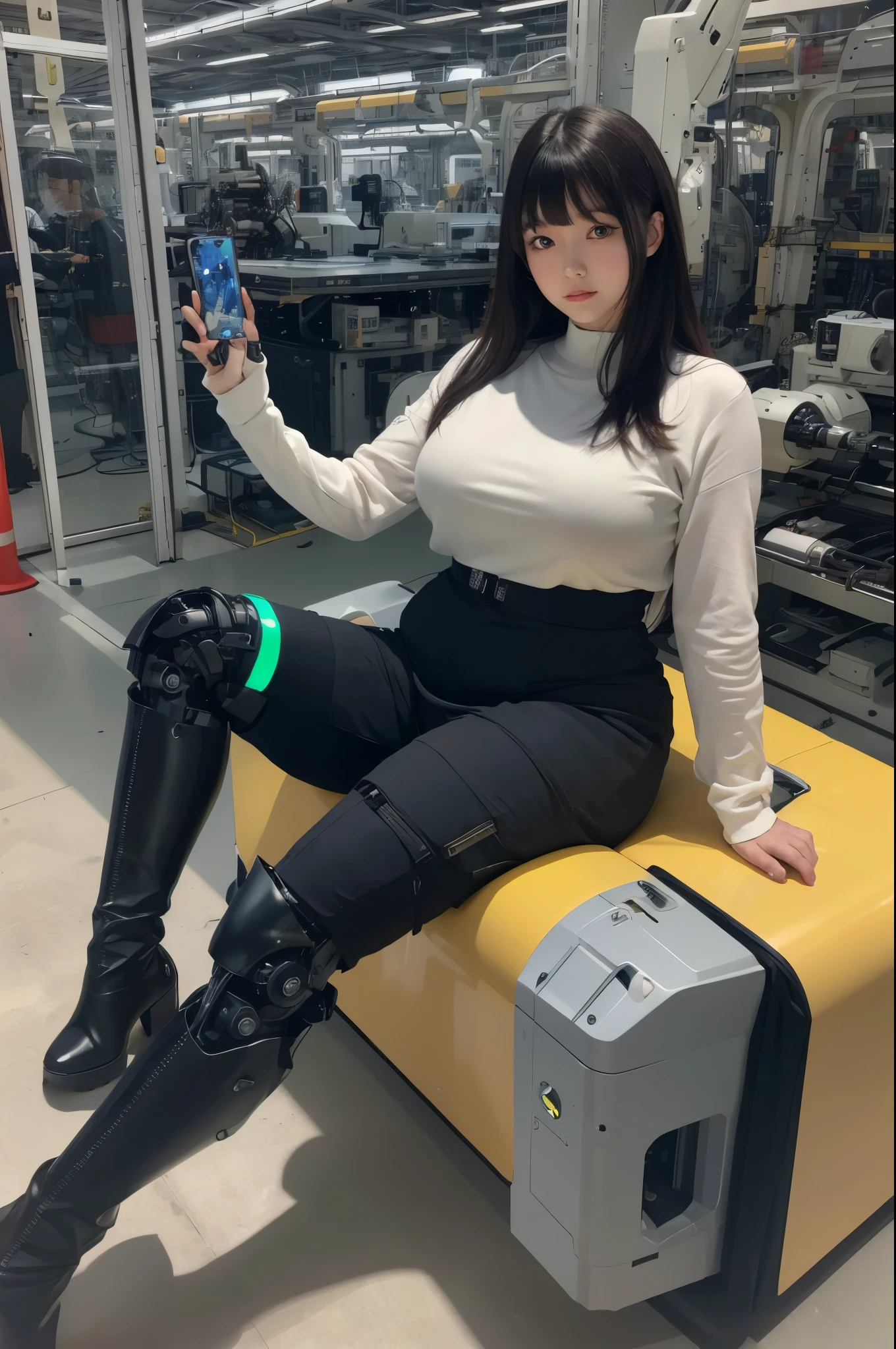 masterpiece, best quality, extremely detailed,8k portrait,Japaese android girl,Plump , control panels,android,Droid,Mechanical Hand, Robot arms and legs, Black hair,Blunt bangs,perfect robot girl,long tube,thick cable connected her neck,japanese cyborg girl ,android assembly plant,connecting a cable between the legs,white robot body,mechanical body,mouton boots,(blue eyes:1.5)