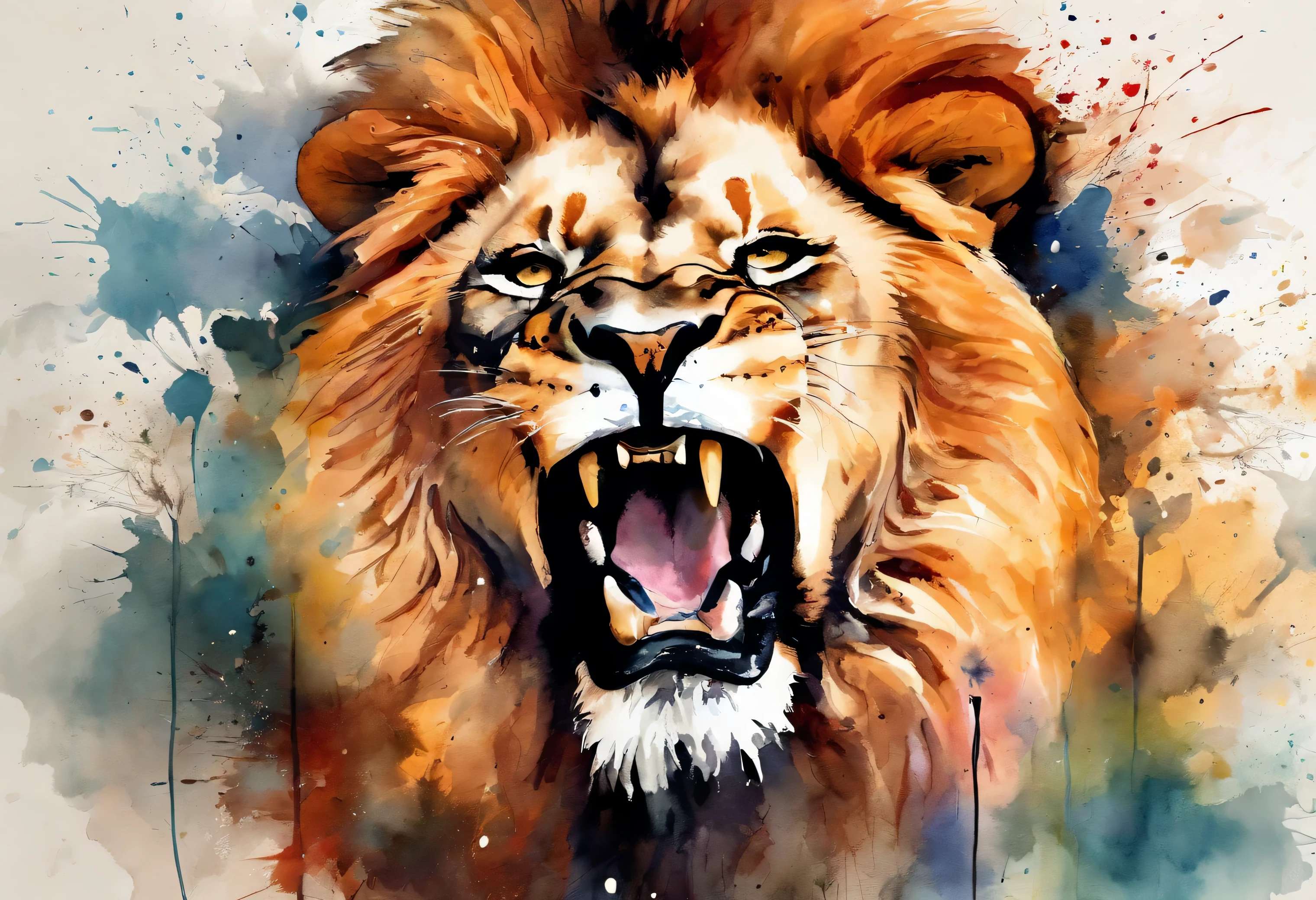 lion head roaring painting with a splatter background and spray paint effect, beige colors, by Eugeniusz Zak, watercolor art, by Károly Lotz, watercolor painting, watercolor painting style, watercolor detailed art, by Reuben Tam, watercolor digital painting, watercolor paint, masterfully detailed watercolor, watercolor art, Grzegorz Rutkowski