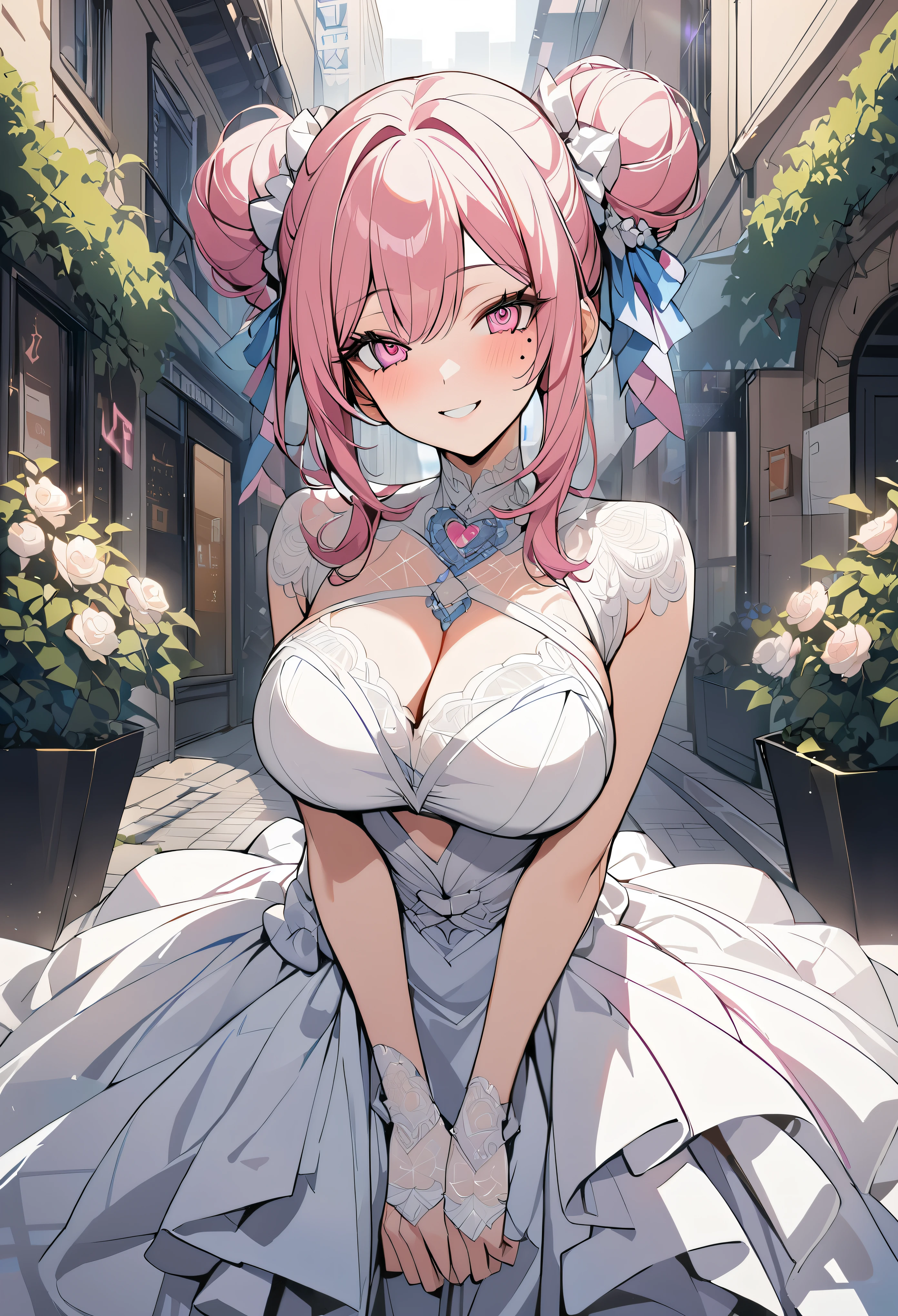 1 girl, pink long bun hair, heart shaped eyes, ♡, big breasts, Wedding dress, {girl with pink long bun hair named Nami}, (Pink eye color), {downtown}, (smile), bright background , mole under eye, heart shaped choker, (masterpiece, highest quality), very detailed, highest quality, official art, beautiful and aesthetic: 1.2), (1 girl), very detailed, (geometry art: 1.3), colorful, most detailed ?d1 girl, pink long bun hair, Eye of the symbol, +__+, big breasts, gothic costume, {A girl with long pink bun hair named Nami}, (Pink eye color), {downtown}, (smile), bright background, (garden,beautiful flower々),mole under eye, heart shaped choker, (masterpiece, highest quality), official art, beautiful and aesthetic: 1.2), (1 girl), very detailed, (geometry art: 1.3), colorful