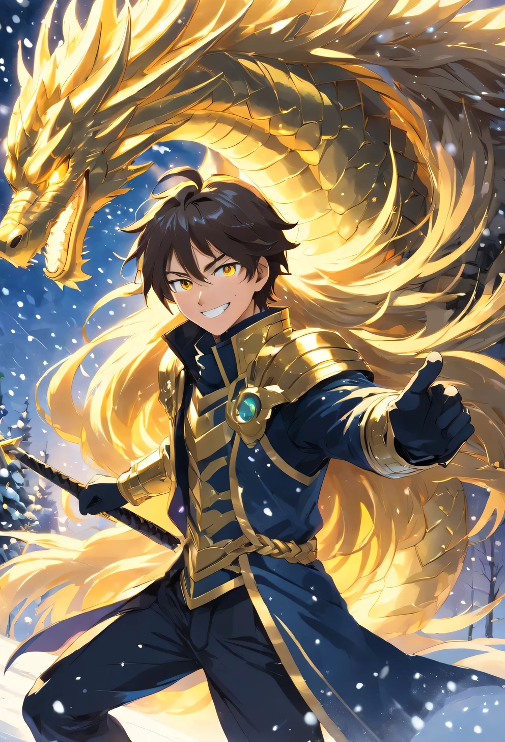 Tannish, male, handsome, golden long hair, gold eyes, black and white winter suit with gold armour, Smiling in a blizzard, glowing blue spear, badass golden dragon mask