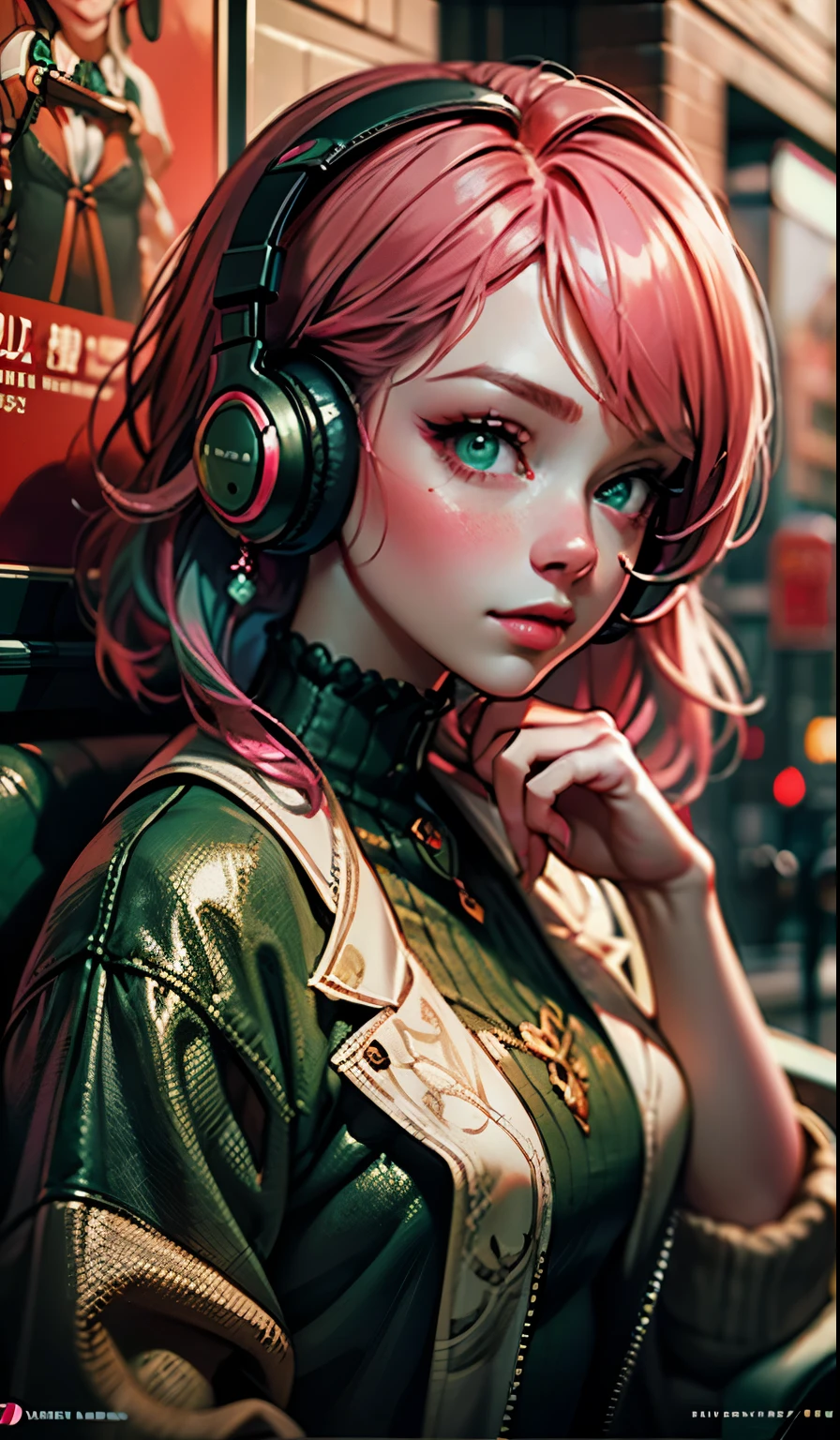 model girl wearing headphones, city background, emerald green eyes, pink hair, intricate details, aesthetically pleasing pastel colors, poster background, art by ilya kuvshinov