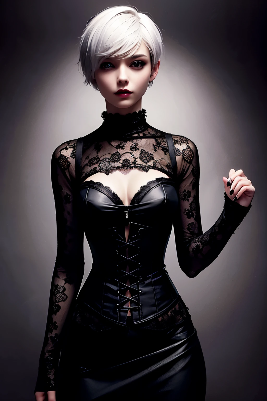 1 girl, short red hair, short pixie cut, dungeon, dark, dimmed light, gothic, black corset, black lace choker, thighhigh boots
dramatic pose, dramatic lighting. corset, sexy.