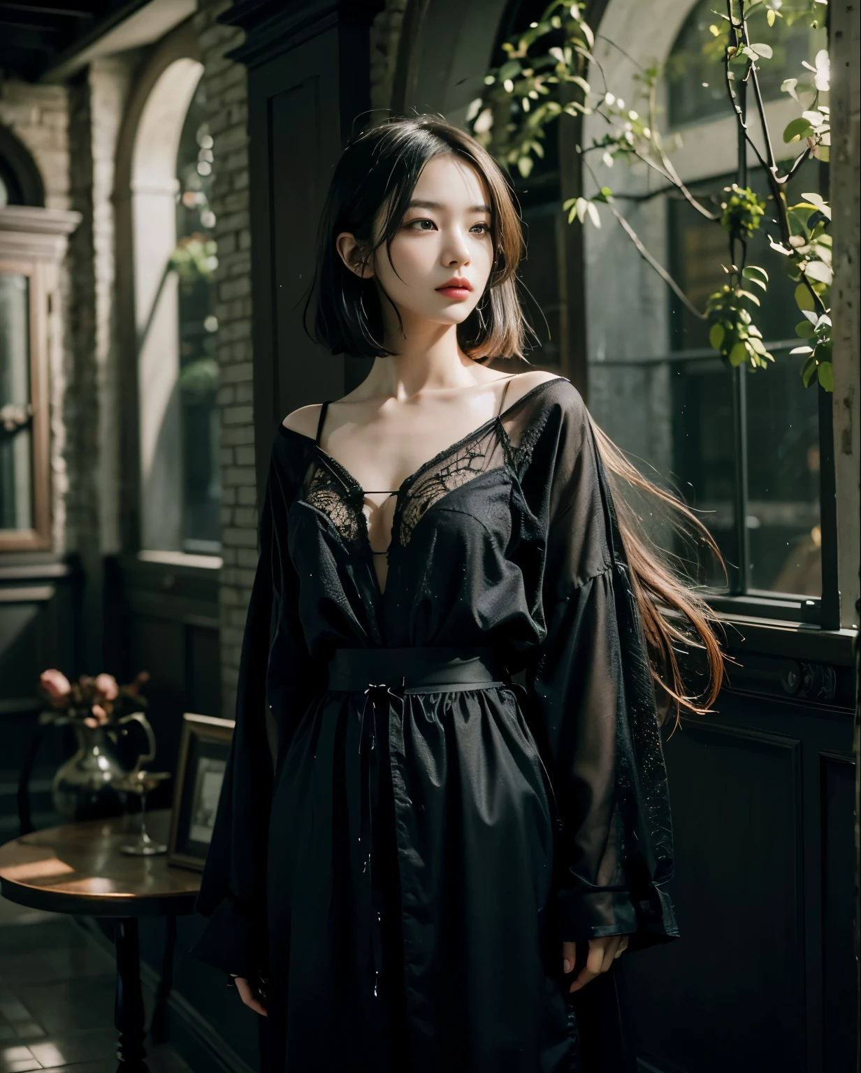 (Best quality, 8k, 32k, Masterpiece, UHD:1.2) "Generate a captivating artwork featuring a young Japanese girl model with short, sleek black hair styled in a chic bob haircut. Envision her bathed in dramatic cinematic lighting, creating an atmosphere of allure and mystery. Emphasize a romantic aesthetic vibe, showcasing the model in a poised and elegant pose that evokes a sense of intimacy and sophistication. Utilize warm and soft tones to enhance the romantic ambiance, and consider incorporating elements like flowing fabrics or flowers to add a touch of ethereal beauty. Capture the essence of romance and beauty through the model's expression, the play of light and shadows, and the overall aesthetic, creating a visually compelling and emotionally resonant piece." (perfect eyes), flawless skin, flawless face, cinematic, tight body, ((well-proportion female hands)), ((female hands with five digits)) ((Body is well proportioned)), ((chic bob haircut)), soft focus ((Short Black Hair)), ((lingerie))