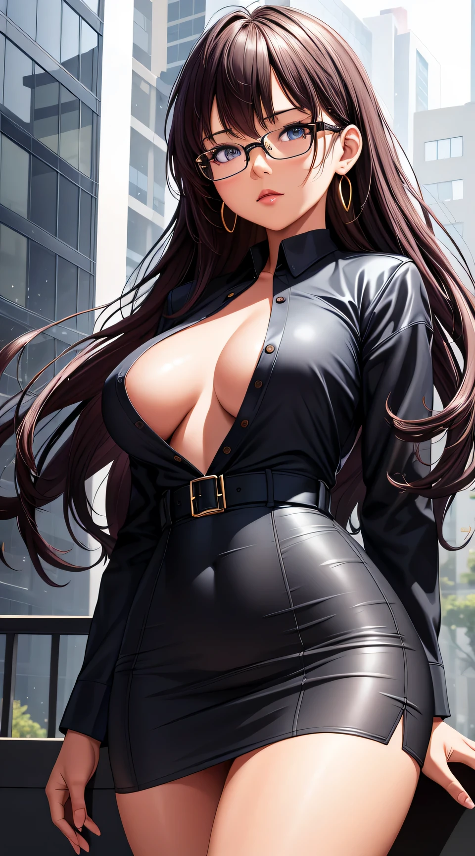 (best quality:1.5, highres, UHD, 4K, detailed lighting, shaders), (high quality eyes), ( perfect fingers), curly floral haired, gradient hair, large breasts, suit, gray shirt, social shirt, short skirt, mature woman with glasses, (pov), white background, colorful eyeshadow, dramatic lighting, sparkling eyes, sensual expression, golden earrings, flowing hair, delicate facial features, dark skin, high cheekbones, urban setting, white background, dont look for the camera, lean forward, ( pose : behind the camera)