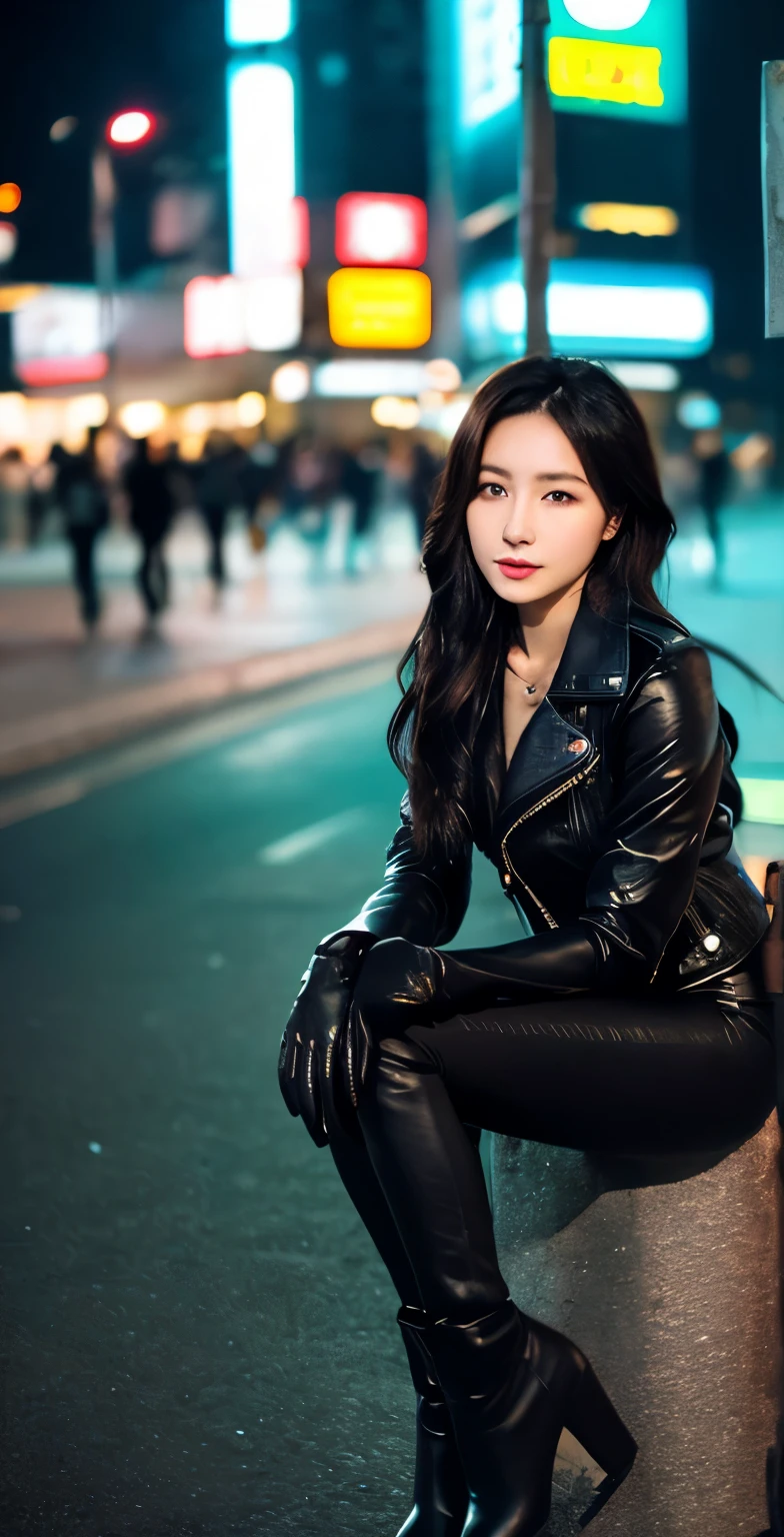 black leather rider jacket, office in the dark, Fingertips of black leather gloves on both hands,wearing black leather gloves,sitting in a black leather chair、 Japanese female new employee (black leather gloves cover both hands) (The angle is horizontal)、black leather leather pants,black leather black leather pants,black leather skinny pants、Long black leather boots on both feet、black hair ponytail ((He wears black leather gloves on his hands))full body photo,full body shot full body full body leather suit,☺If you turn in this direction。wearing black leather gloves,wearing black leather gloves,wearing black leather gloves,wearing black leather gloves,wearing black leather gloves,wearing black leather gloves,黒のレザーパンツが美しい😍黒のレザーパンツが美しい😍黒のレザーパンツが美しい,😍I&#39;m smiling while looking at you,city lights、((neon cyberpunk city street:1.3))、(neon light)、detailed lighting、

best image quality、ultra high resolution、(realism:1.4)、korean beauty star、The most beautiful KPOP stars、face、horny korean makeup、A body that makes you want to touch it、realistic leather texture、Costume made of smooth leather fabric、The drape of the curved parts of the leather fabric、The costume has a strong shine、costume quality、8K photo quality、