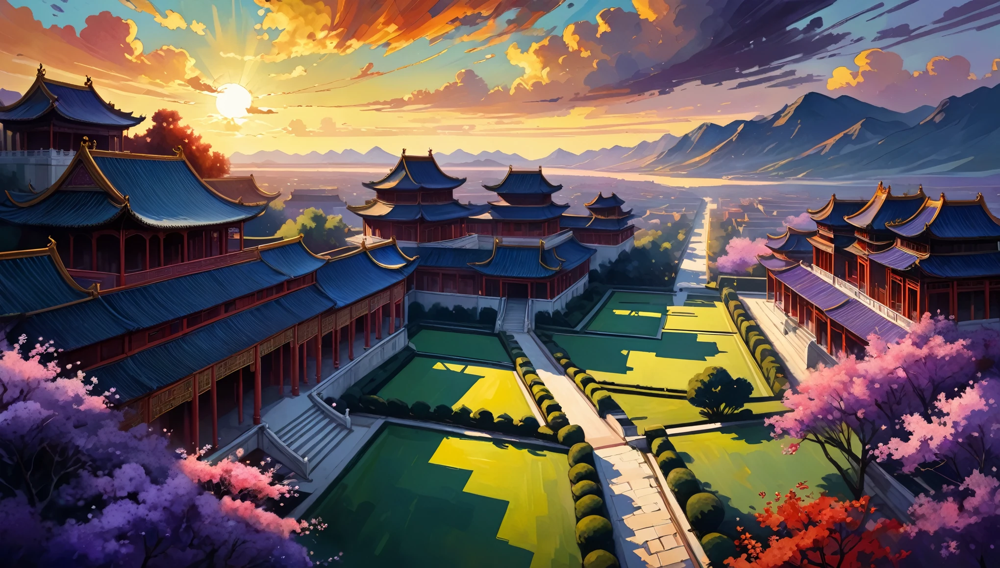 (((bird's eye view))), Cartoon Watercolor & Oil painting illustration, Show one ((Chinese palace complex)) Sunset前的山谷里, king liam style, Peaceful and serene, 2D game art, Ultra HD graphics, Somber and drab color palette,red,Purple,Dark tone watercolor cartoon & Joseph Ann Lindecker (Joseph Christian Ryndek) Oil painting & Joseph Ann Lindecker (Joseph Christian Ryndek) of paintings & 约瑟夫·法利of paintings & James Jean & Anders Zorn & Jeremy Mann & alfans muzar, moving images, flowerpunk, intricate details, Dynamic, dramatic lighting, backlight, harrowing, bright colors, Sunset, cumulus, More detail, Movie lighting feel, long shadow, saturated contrast