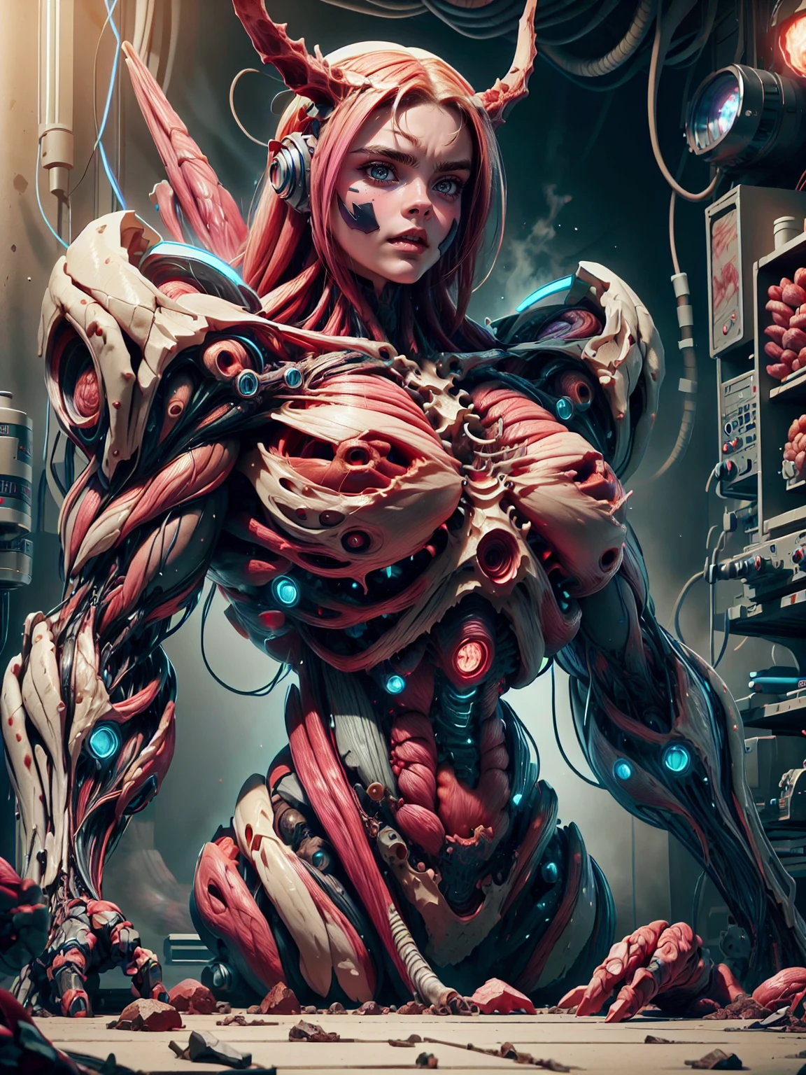 Cinematic, clear facial features and insanely detailed, the image captures the essence of (1 girl), (megan fox:1.25), (long red hair), (carnage skinless physique:1.25), (1 super muscular undead skinless succubus with gigantic horns:1.25), (covered in red necrotic rotting skinless muscle:1.25), (exposed muscles & veins everywhere:1.25), (perfect fingers:1.25). The color grading is beautifully done, enhancing the overall cinematic feel. Unreal Engine makes her appearance even more mesmerizing. With depth of field (DOF), every detail is focused and accentuated, drawing attention to her eyes and hair. Peak image resolution utilizing super-resolution technology ensures pixel perfection. Cinematic lighting enhances her aura, while anti-aliasing techniques like FXAA and TXAA keep the edges smooth and clean. Adding realism to the muscular bio-mecha succubus , RTX technology enables ray tracing. Additionally, SSAO (Screen Space Ambient Occlusion) gives depth and realism to the scene, the girl's presence even more convincing. In the post-processing and post-production stages, tone mapping enhances the colors, creating a captivating visual experience. The integration of CGI (Computer-Generated Imagery) and VFX (Visual Effects brings out her demonic features seamlessly . Icredible level of detail, with intricate elements meticulously crafted, the artwork hyper maximalist and hyper-realistic. Volumetric effects add depth and dimension, with unparalleled photorealism. 8k resolution rendering ensures super detailed visuals. The volumetric lighting adds a touch of magic, highlighting her beauty and aura in an otherworldly way. High Dynamic Range (HDR) tech makes the colors pop, adding richness to the overall composition. Ultimately, this artwork presents an unreal, yet stunningly real portrayal of an incredibly beautiful bio-mecha succubus girl. The sharp focus ensures that every feature is crisply defined, creating a captivating presence.