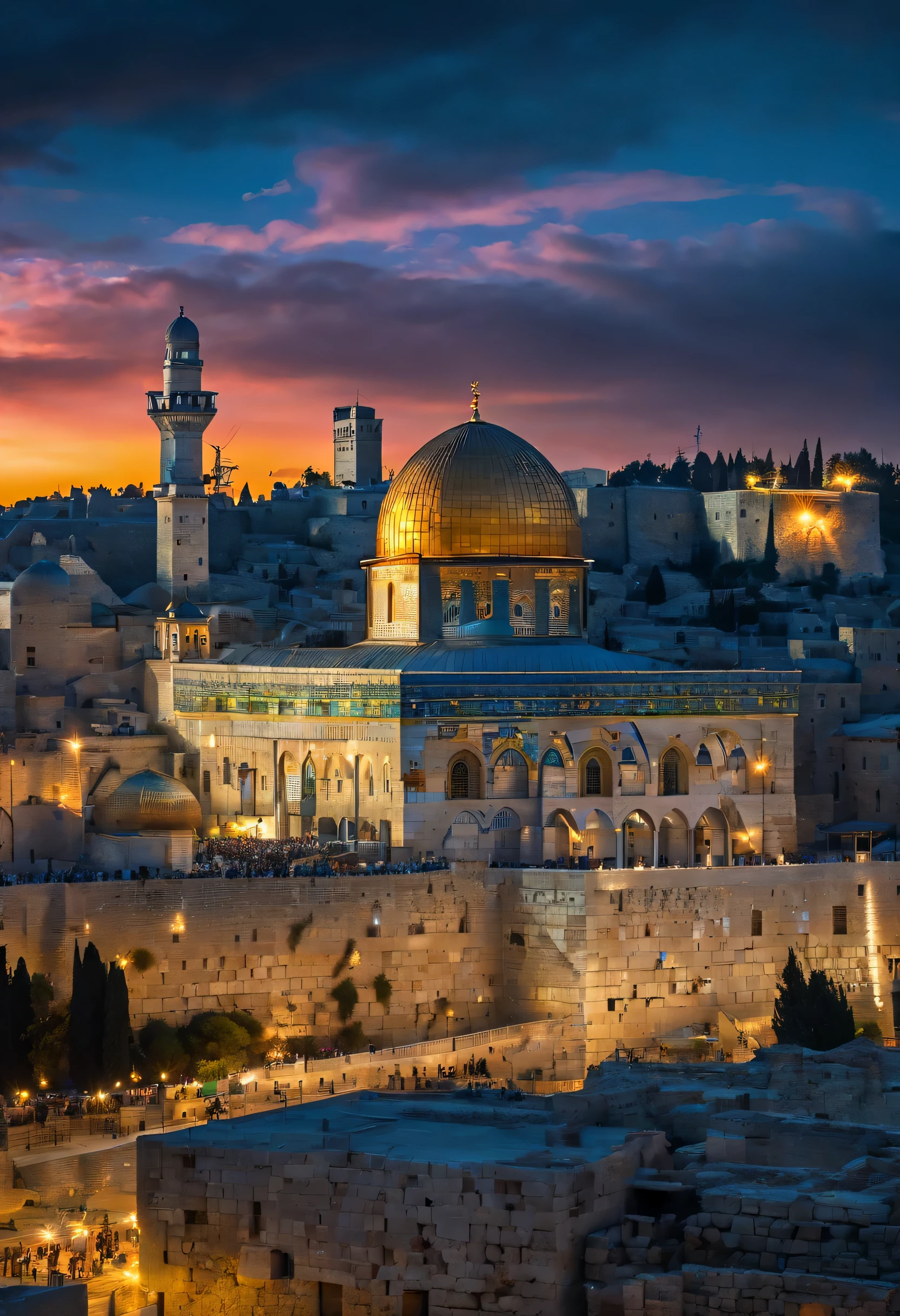 photographic, National Geographic quality picture, award winning, (Best Detailed: 1.5), (best quality: 1.5) picture of the Western Wall in Old City Jerusalem (an exact detailed: 1.5), The Western Wall (best detailed, best quality: 1.5) in all is antiquity, reverence, and divinity, central focus to the Jewish faith, and a magnificent, (vibrant full spectrum rainbow: 1.3) , it is lightly clouded there are some sun rays, the old city of Jerusalem (best detailed, best quality: 1.5) background, best quality, (extremely detailed: 1.5), picture taken from a medium range, ultra wide shot, photorealism, depth of field, hyper realistic, 2.5 rendering,