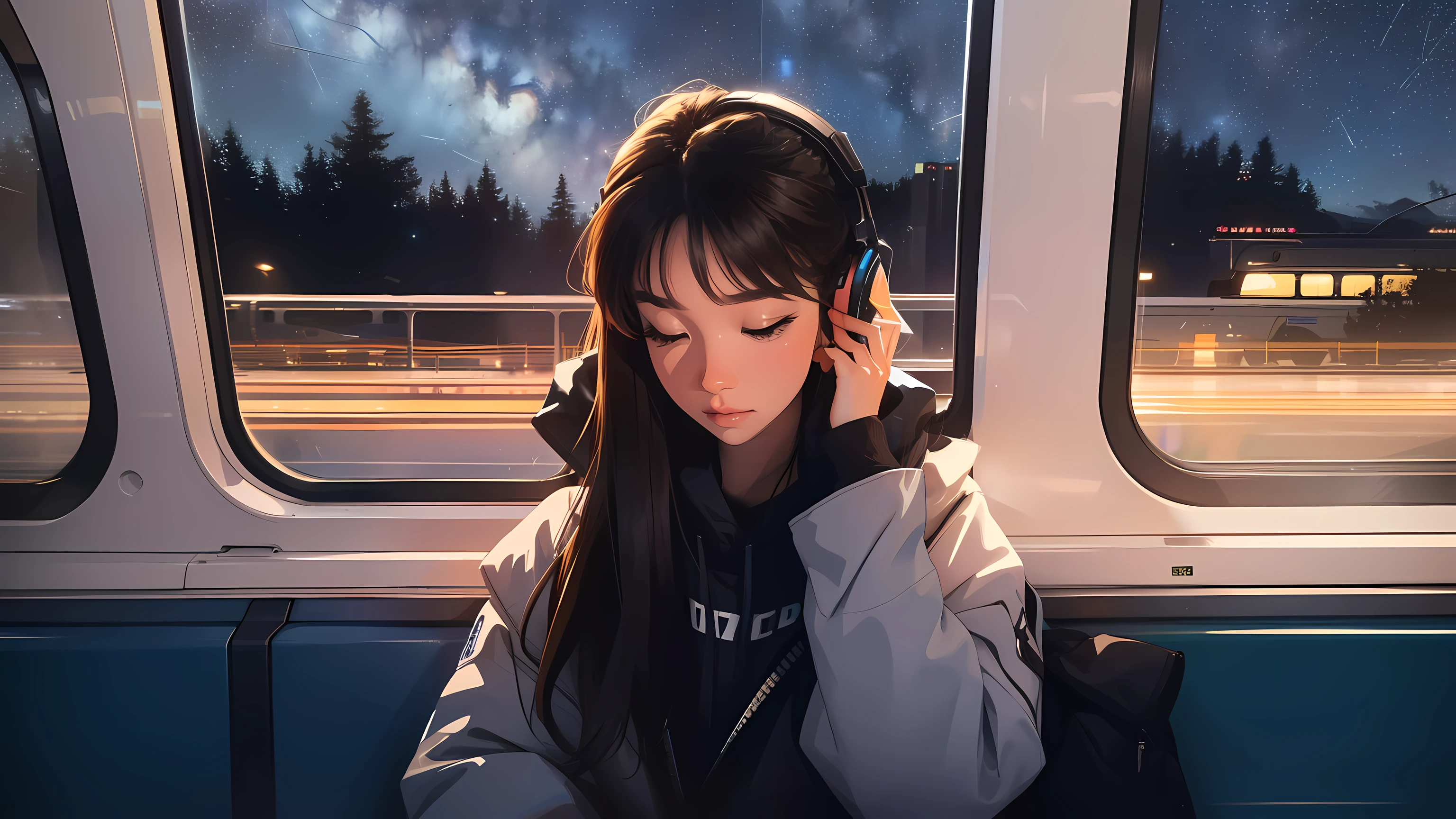 train, sit by the window, adopt a pensive posture, look at the stars, My head got stuck in the glass, put on headphones, Scenery passing by at high speed, night trip, beautiful starry sky, beautiful girl, UHD portrait, (high quality) (Super detailed) Observing viewers wearing hip-hop style street clothes; different, colorful, Long hair in color 🌈