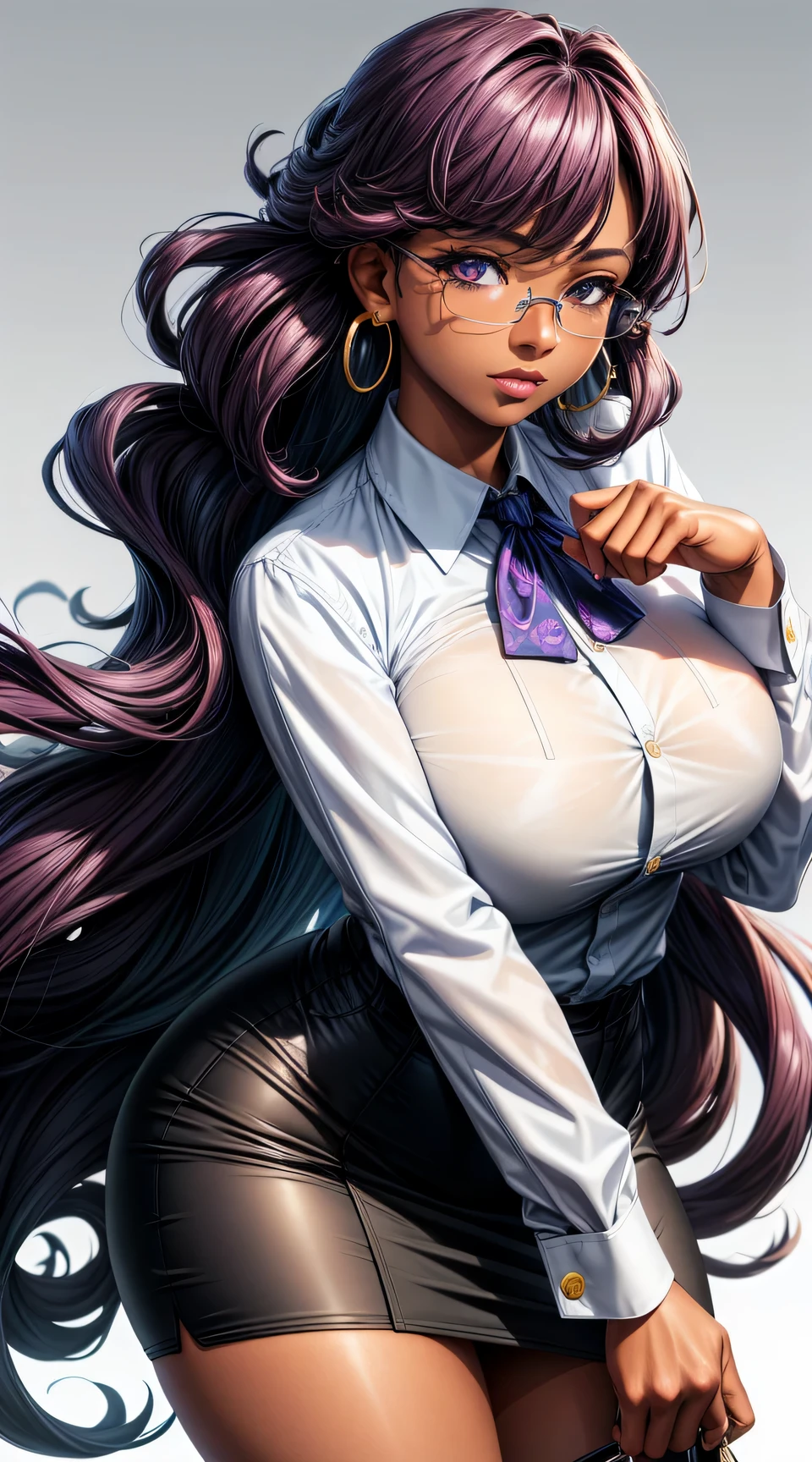 (best quality:1.5, highres, UHD, 4K, detailed lighting, shaders), (high quality eyes), ( perfect fingers), curly floral haired, gradient hair, large breasts, suit, gray shirt, social shirt, short skirt, mature woman with glasses, (pov), white background, colorful eyeshadow, dramatic lighting, sparkling eyes, sensual expression, golden earrings, flowing hair, delicate facial features, dark skin, high cheekbones, urban setting, white background, dont look for the camera, lean forward, ( pose : behind the camera)