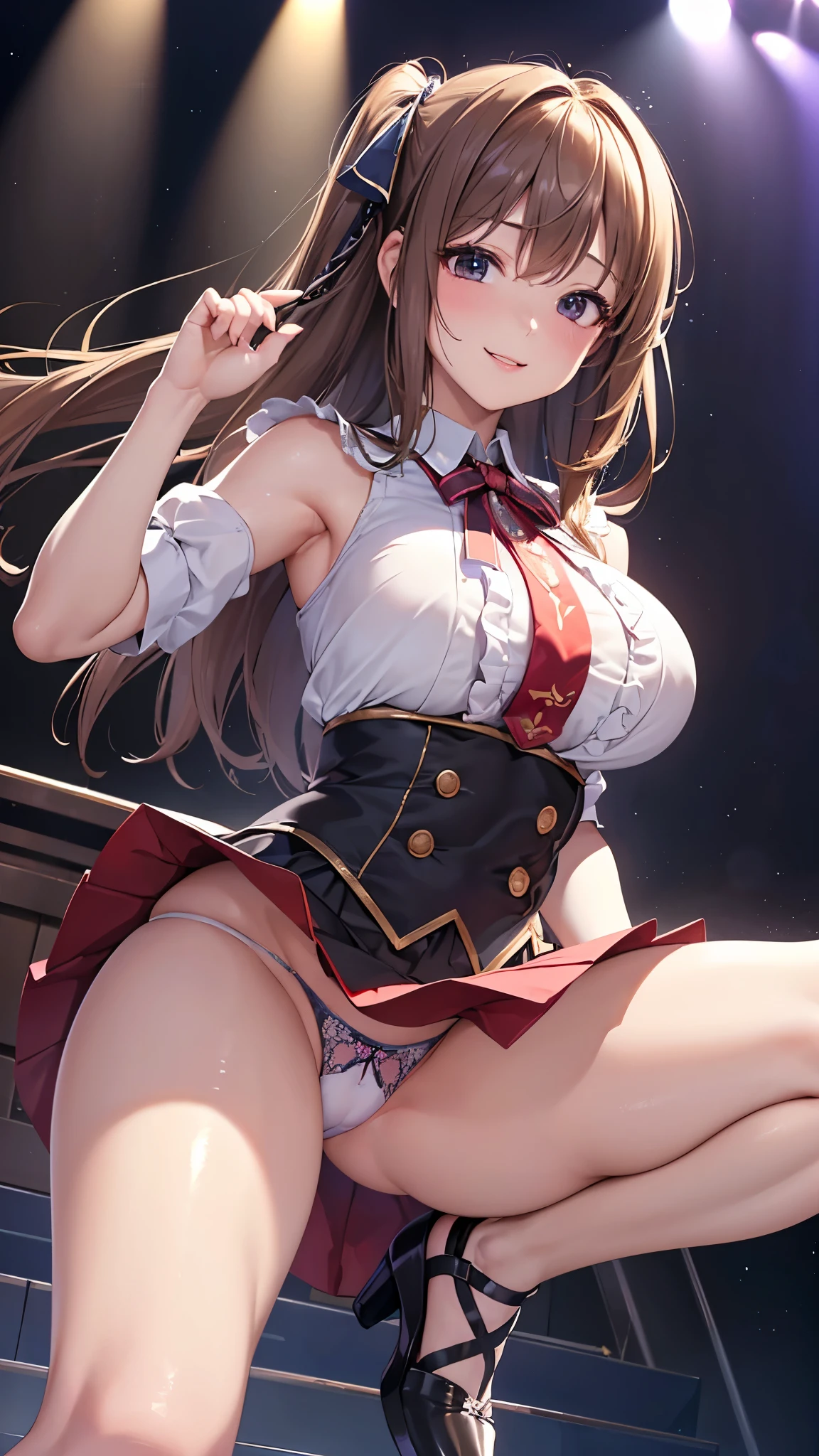 ((highest quality、High resolution、Highly detailed CG Unity 8K wallpaper))、detailed face、perfect body、unparalleled beauty、beautiful breasts、open your legs、shy smile、I&#39;m seducing you、sing、dance、((She lifts up her skirt and shows her panties on live stage))