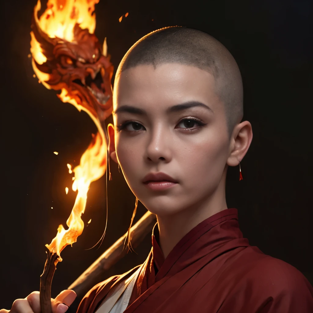 (highest quality,4k,8K,High resolution,masterpiece:1.2), Super detailed, (realistic,photorealistic,photo-realistic:1.37), two (people々), monster and priestess, Travel from China to India, enveloped in flames from a volcanic eruption, Heat refracts light, Objects begin to appear distorted, The background is filled with flames, walk through the fire、A monkey monster that mowing down flames with a long stick., The strongest and the deadliest、Impressive dynamic pose, background female monk, (skin head:1.7), unparalleled beauty, perfect physique, Monk's attire, I hide in the shadow of the monster in the flames and look at it with concern.