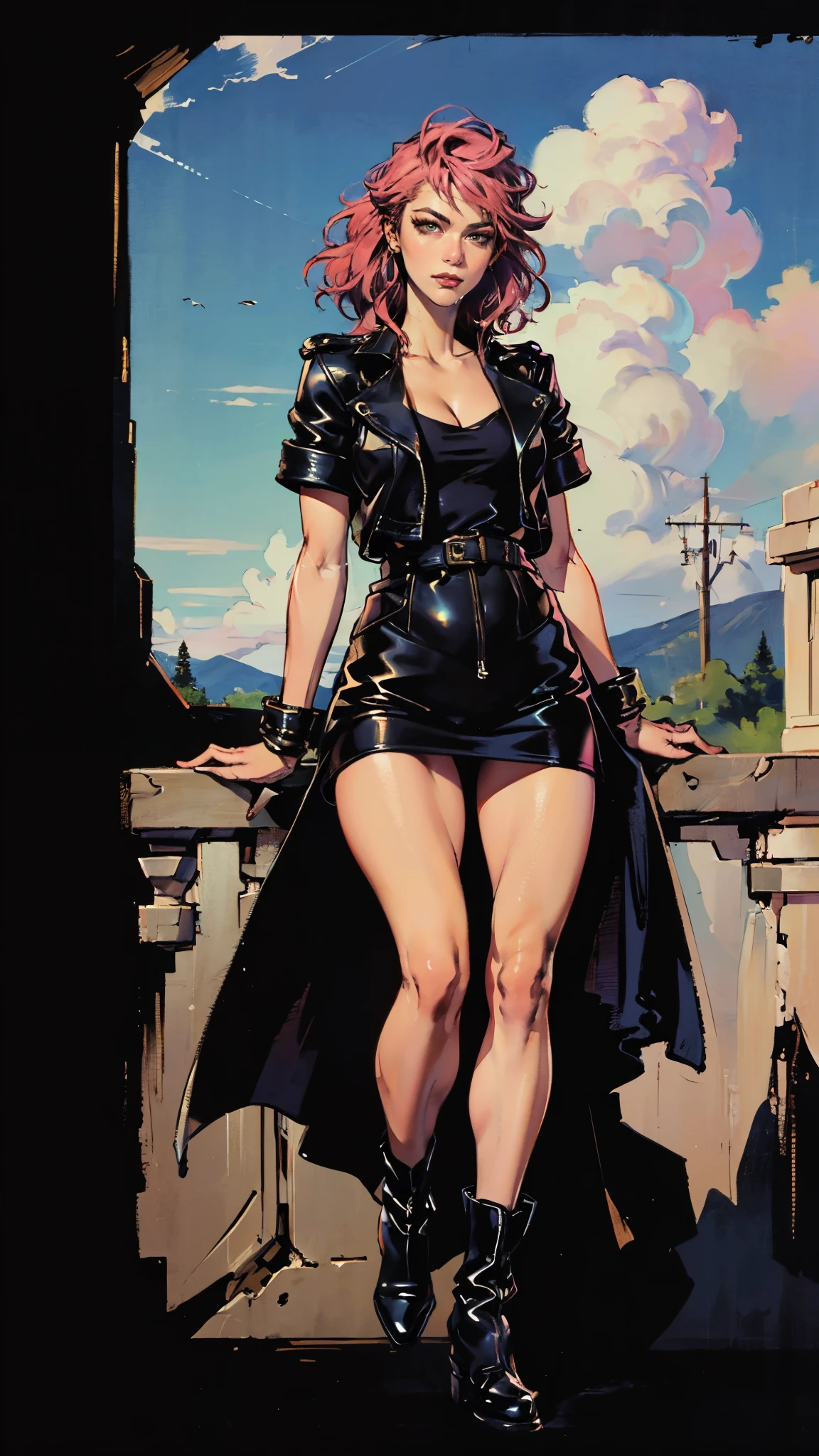 (A beautiful young girl with long curly pink hair, slender eyebrows, sparkling eyes, a bewildered expression, an oval-shapedl face with pale skin, a knee-length form-fitting leather trench coat with very short sleeves, she adorns both hands with metallic wrist guards in a sci-fi ancient civilization style, her long legs are clad in leather boots as she soars through the misty clouds), this character embodies a finely crafted fantasy-realism style western ranger in anime style, exquisite and mature manga art style, porcelain skin, perfect skin, perfect eyes, (Mary Elizabeth Winstead:1.2), high definition, best quality, highres, ultra-detailed, ultra-fine painting, extremely delicate, professional, anatomically correct, symmetrical face, extremely detailed eyes and face, high quality eyes, creativity, RAW photo, UHD, 32k, Natural light, cinematic lighting, masterpiece-anatomy-perfect, masterpiece:1.5