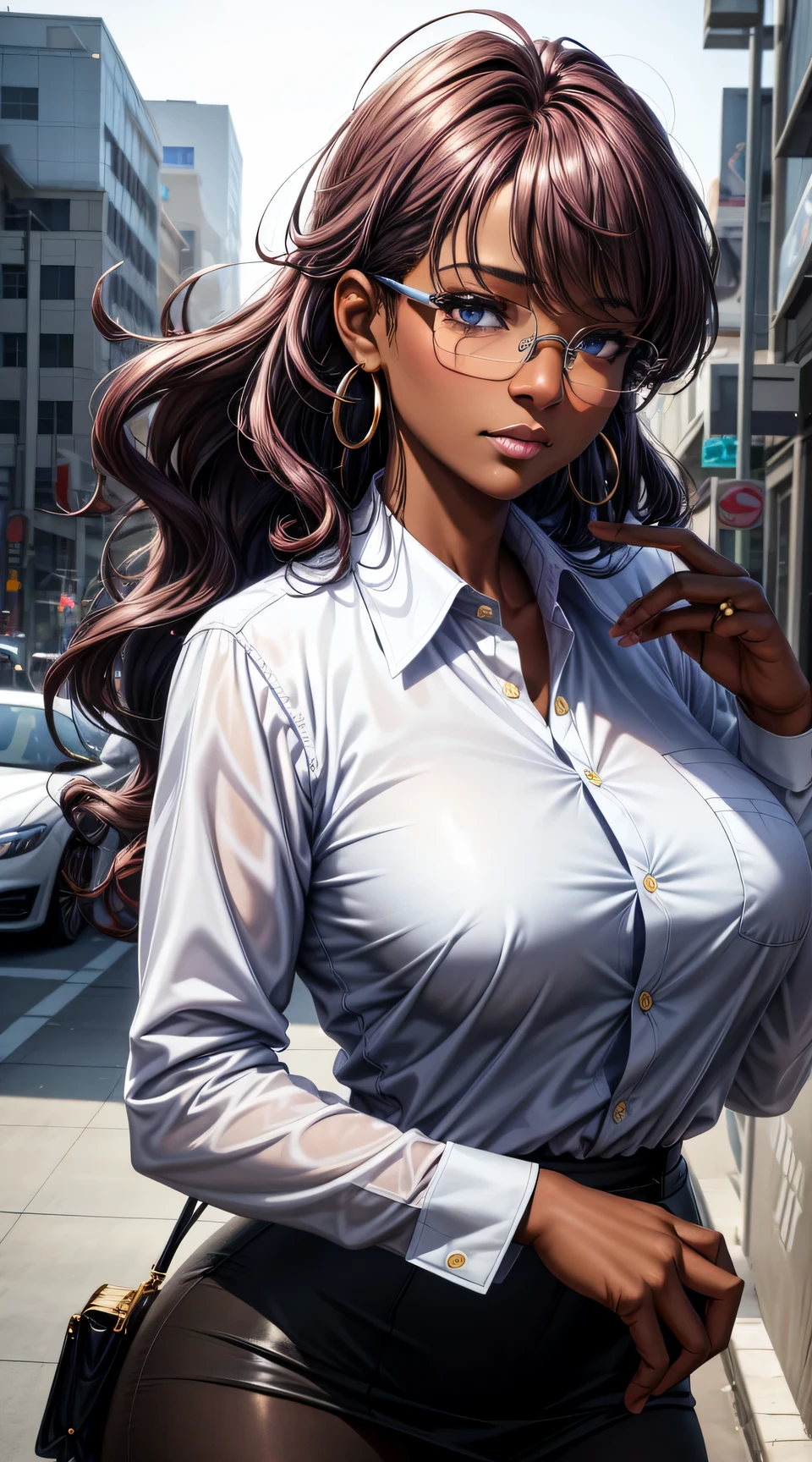 (best quality:1.5, highres, UHD, 4K, detailed lighting, shaders), (high quality eyes), ( perfect fingers), curly floral haired, gradient hair, large breasts, suit, gray shirt, social shirt, short skirt, mature woman with glasses, (pov), white background, colorful eyeshadow, dramatic lighting, sparkling eyes, sensual expression, golden earrings, flowing hair, delicate facial features, dark skin, high cheekbones, urban setting, white background, dont look for the camera, lean forward, ( pose : behind the camera)