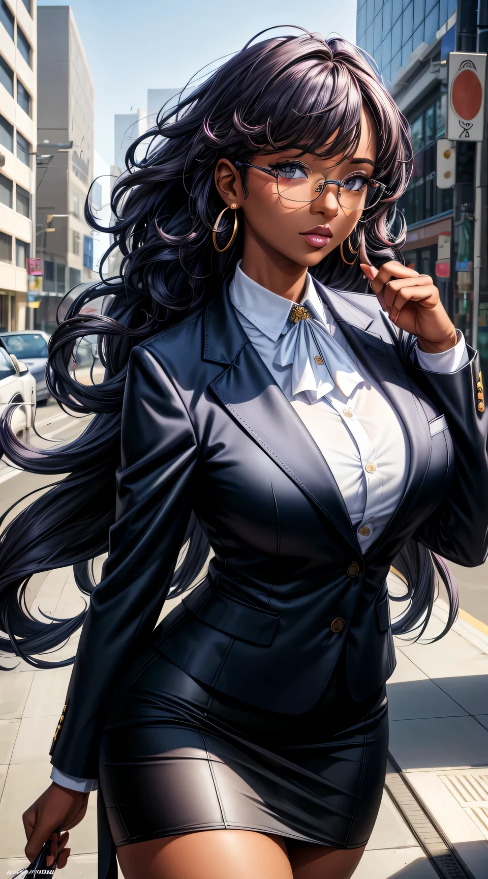 (best quality:1.5, highres, UHD, 4K, detailed lighting, shaders), (high quality eyes), ( perfect fingers), curly floral haired, gradient hair, large breasts, suit, gray shirt, social shirt, short skirt, mature woman with glasses, (pov), white background, colorful eyeshadow, dramatic lighting, sparkling eyes, sensual expression, golden earrings, flowing hair, delicate facial features, dark skin, high cheekbones, urban setting, white background, dont look for the camera, lean forward, ( pose : behind the camera)