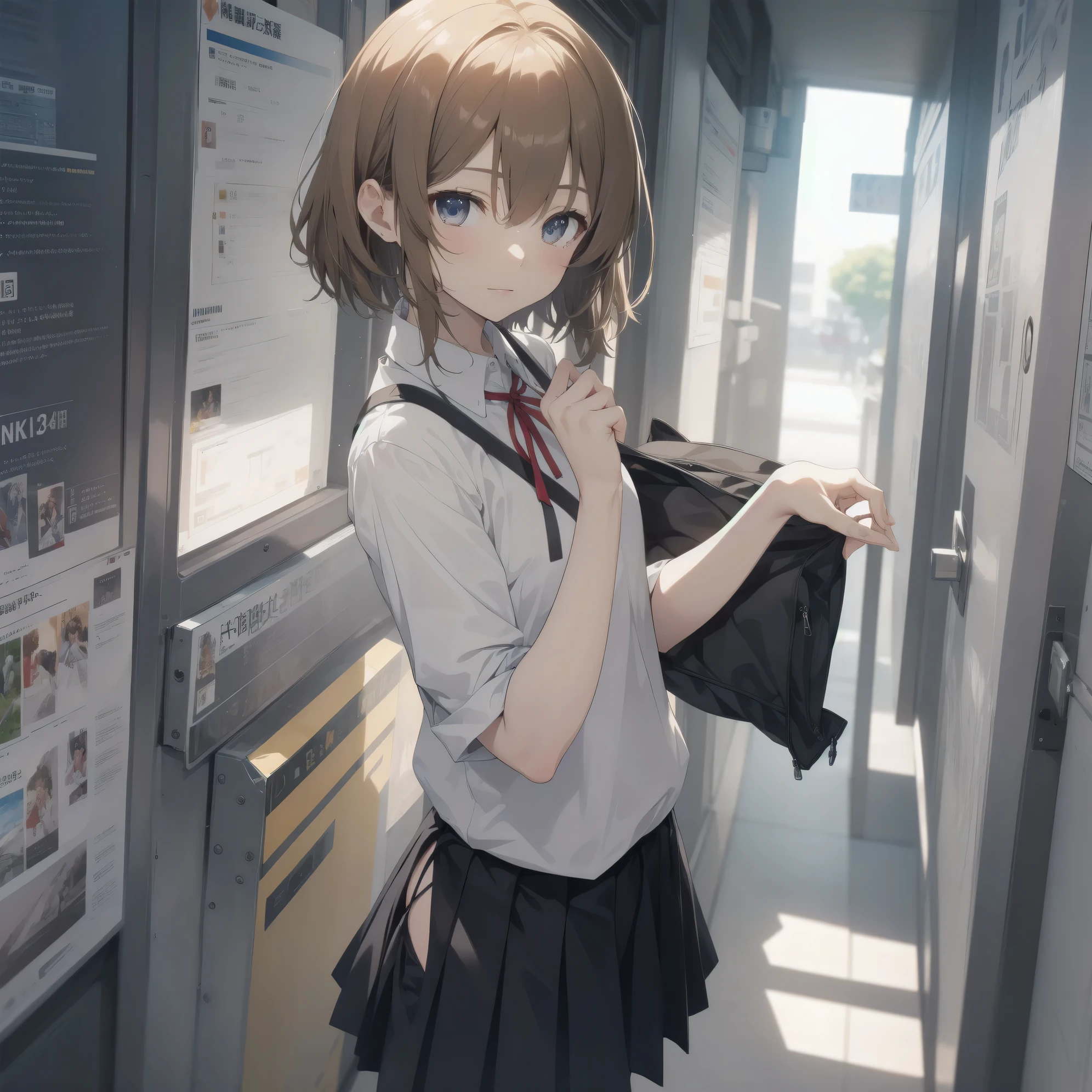 Super Absurd - Top Quality from the God of Art, Super detailed, High resolution, anime moe art style, cute girl portrait, best anime 8K konachan wallpaper, Pixiv contest winners, perfect anatomy,break, (眠そうにalone学校へ行く女の子を描いてください. )break,1 girl, (alone,little woman, 13 years old:1.3),All limbs, full finger,, The charm of an immature body, (very_short hair), shortcut, Bang, flat chest, , small ass, between legs, small black eyes, detailed and beautiful eyes, Well-proportioned iris and pupils, expressive eyes, High resolutionの詳細な髪, yawn, neck ribbon, shirt, collared shirt, skirt, pleated skirt, , (detailed lighting), (detailed background), On the way to school. break,super dense skin, Best cinematic lighting powered by famous artist, 8K,Beauty Illustration,photoshop_(Moderate),Absurd Hi-Res,UHD,rough skin,break,((artist:imigimuru)), artist:mifuru,artist:shinkai makoto,artist:sekiya asami,