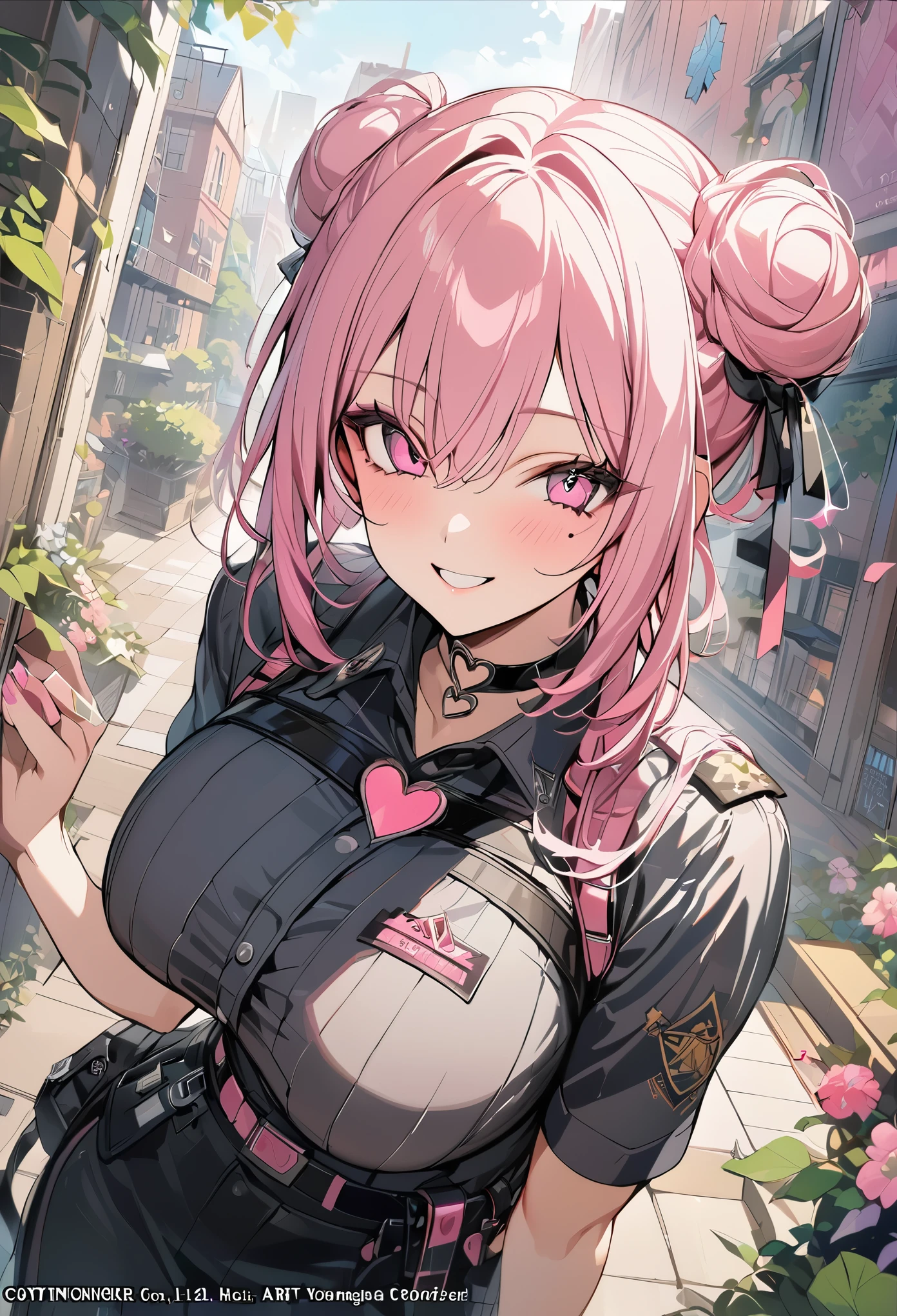 1 girl, pink long bun hair, heart shaped eyes, ♡, big breasts, police officer clothes, {girl with pink long bun hair named Nami}, (Pink eye color), {downtown}, (smile), bright background , mole under eye, heart shaped choker, (masterpiece, highest quality), very detailed, highest quality, official art, beautiful and aesthetic: 1.2), (1 girl), very detailed, (geometry art: 1.3), colorful, most detailed ?d1 girl, pink long bun hair, Eye of the symbol, +__+, big breasts, gothic costume, {A girl with long pink bun hair named Nami}, (Pink eye color), {downtown}, (smile), bright background, （garden,beautiful flower々）,mole under eye, heart shaped choker, (masterpiece, highest quality), official art, beautiful and aesthetic: 1.2), (1 girl), very detailed, (geometry art: 1.3), colorful