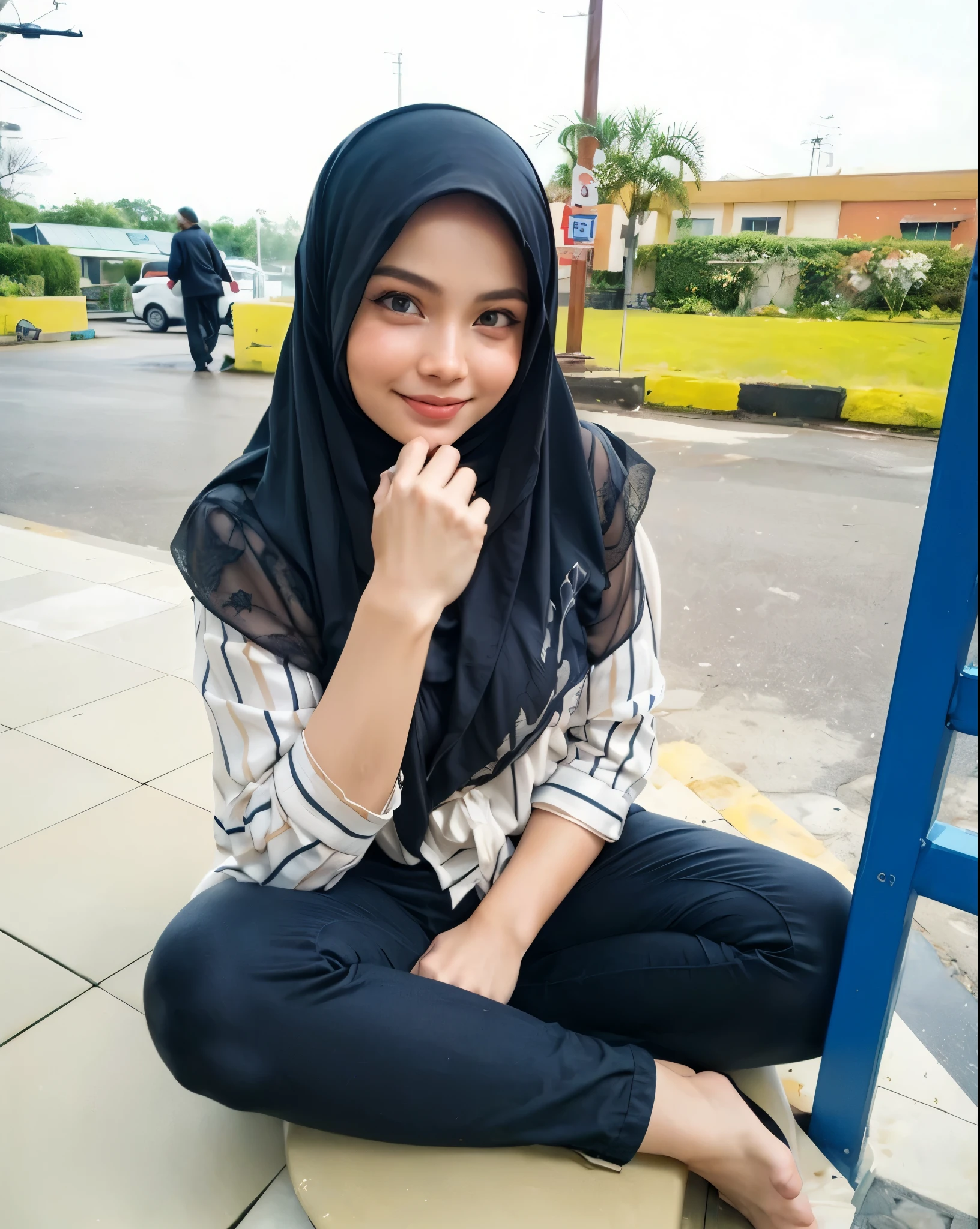 masterpiece, (ultra-high-definition portrait, vignet:1.4), Realistic, extremely detailed, CG unified, 8k, Clean lines, highly detailed, High-definition, raw color photos, she is smiling, Realistic portrait, Cinematic Light, Beautiful detailed, (1hijabgirl, indonesian:1.5), (165cm tall, big breasts with lips like she wants to kiss:1.5), Beautiful big breasts, breasts details, very tight, (Biggorgeous breast, Smiling:1.5), (Smiling, Big Breast:1.4), Close up of a girl in Beautiful clothes with errected nipple, biggorgeous breast, Soft smile, scarf, (Bombastic Side Eyes with curvaceous body:2), pose 4 of 1 6, Undress, No bra, (nipples that are clearly sticking out detail:1.2), Outdoors, high intricate detailed.