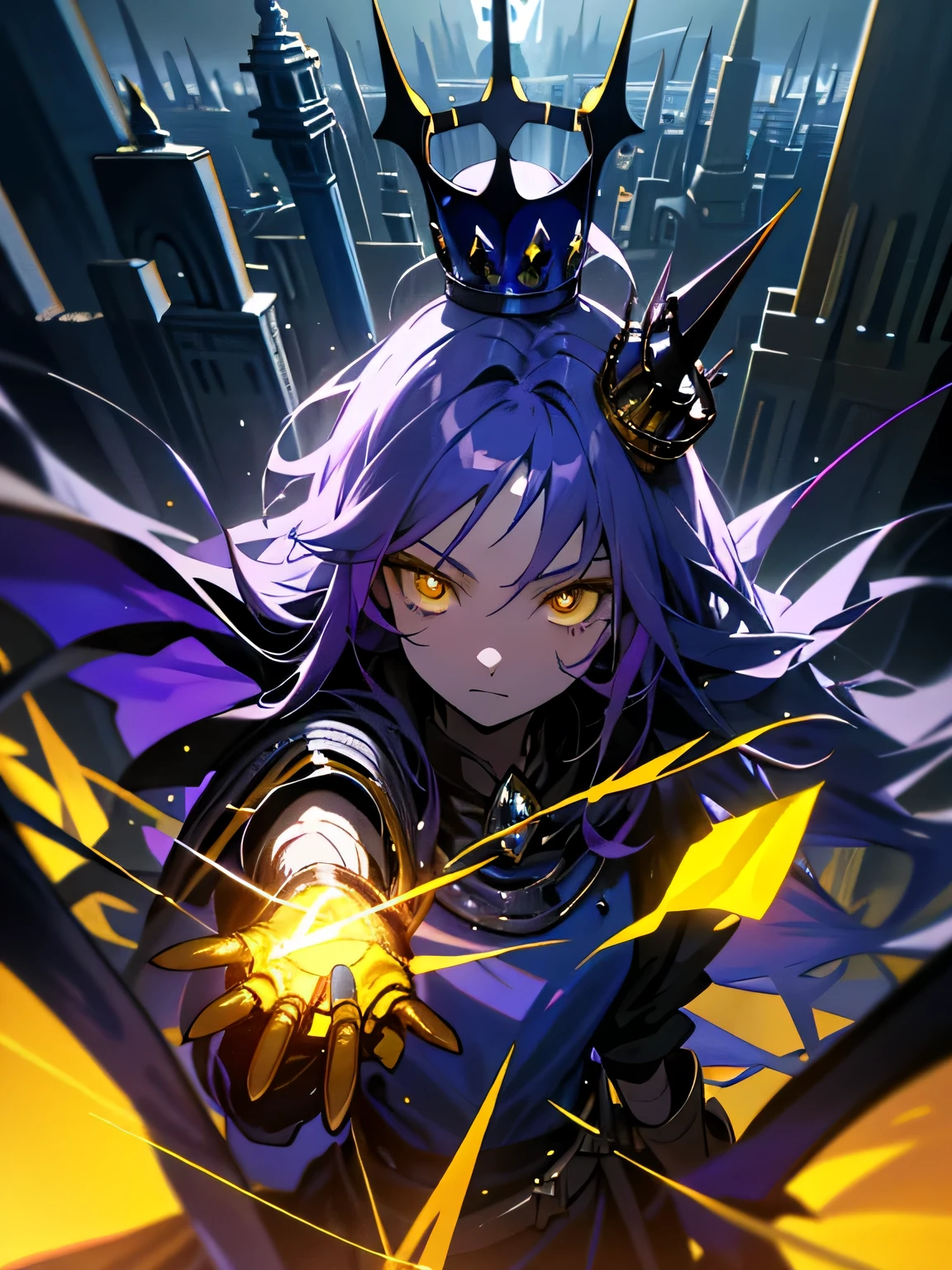 (Gloomy fantasy), dark fantasy art, hopeless art, (splash art), dark beautiful anime girl, ((yellow skin)), bright yellow skin, blue glowing eyes, purple hair, long hair, smooth hair, short clothing, less clothing, blue crystallic armor, blue crystal gloves, sharp crown, thorn gold crown, crown of thorns, catastrophic art, above the city, cold lights, highly detailed art, highly detailed background, detailed accessoires, masterpiece