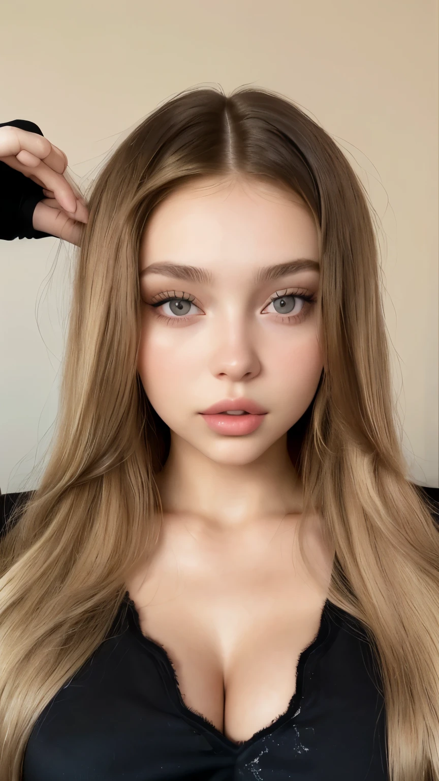 a close up of a woman with long hair and a black top, portrait sophie mudd, face like ester exposito, angelawhite, dasha taran, thick lips, brunette with dyed blonde hair, pokimane, jaw-dropping beauty, anastasia ovchinnikova, angelina stroganova, 19-year-old girl, perfect face )