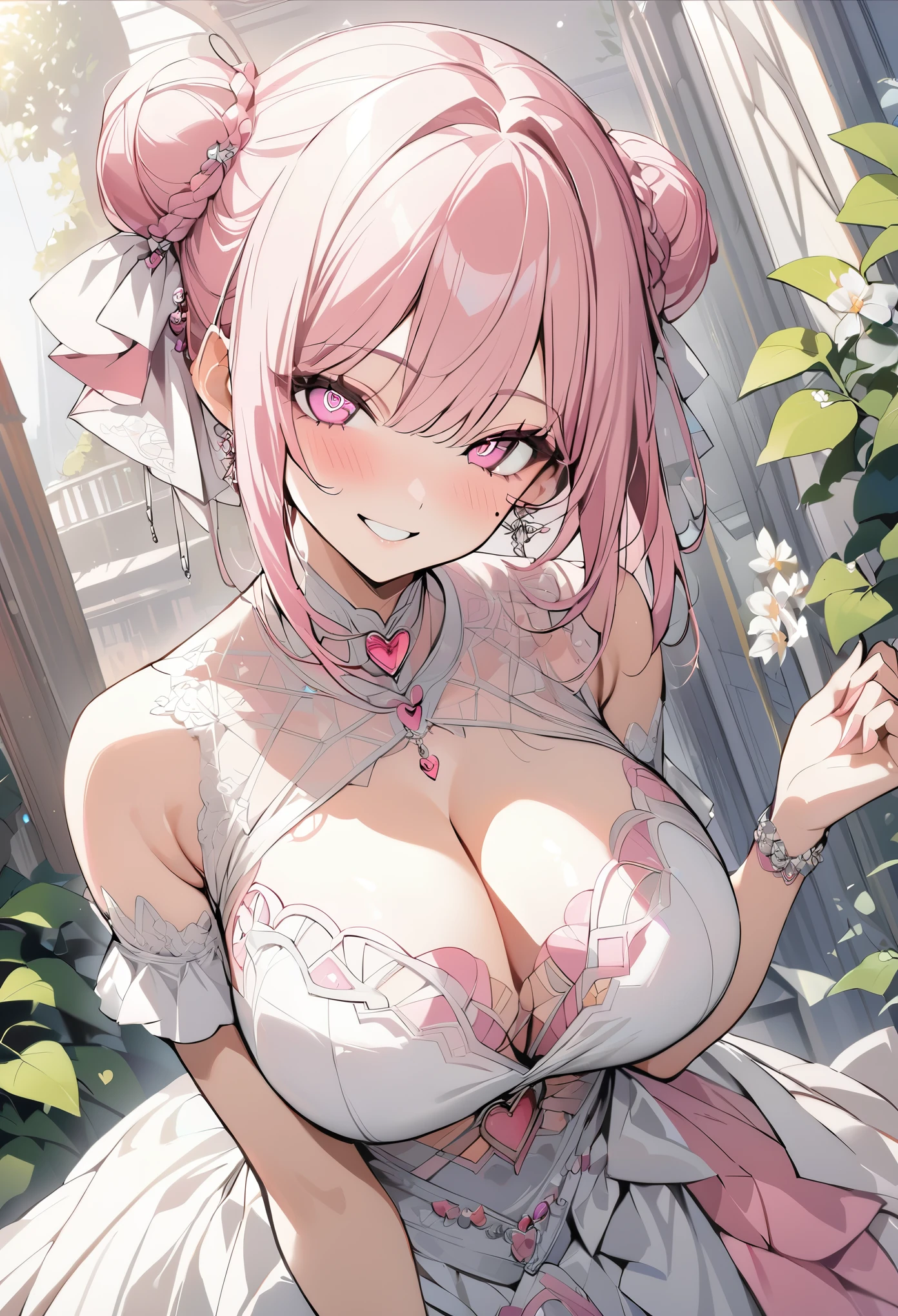 1 girl, pink long bun hair, heart shaped eyes, ♡, big breasts, Wedding dress, {girl with pink long bun hair named Nami}, (Pink eye color), {downtown}, (smile), bright background , mole under eye, heart shaped choker, (masterpiece, highest quality), very detailed, highest quality, official art, beautiful and aesthetic: 1.2), (1 girl), very detailed, (geometry art: 1.3), colorful, most detailed ?d1 girl, pink long bun hair, Eye of the symbol, +__+, big breasts, gothic costume, {A girl with long pink bun hair named Nami}, (Pink eye color), {downtown}, (smile), bright background, （garden,beautiful flower々）,mole under eye, heart shaped choker, (masterpiece, highest quality), official art, beautiful and aesthetic: 1.2), (1 girl), very detailed, (geometry art: 1.3), colorful