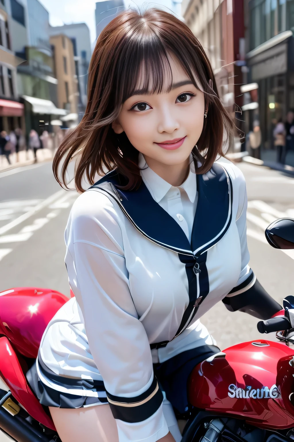 big and full breasts、(((A transparent white sailor suit that sticks to the chest,school uniform:1.7))),(((A woman wearing a transparent sailor suit:1.7 ))),(((A woman riding a colorful custom-painted motorcycle through the city:1.7))), Shiny light brown and orange striped short hair,cute smile,perfect round face,A cheerful smile that makes the viewer happy,proper body proportions,table top,Ultra high quality output image,High resolution,intricate details,very delicate and beautiful hair,realistic pictures,dream-like,professional lighting,realistic shadow,focus only,beautiful hands,beautiful fingers,Detailed functions of fingers,Detailed features of the wear,Detailed characteristics of hair,detailed facial features,(((emphasize the chest:1.3))),(dynamic angle),(dynamic and sexy pose),laughter、cute round face,,(table top,highest quality,超High resolutionの出力画像,) ,(8K quality,),(sea art 2 mode.1),(Image mode Ultra HD,)