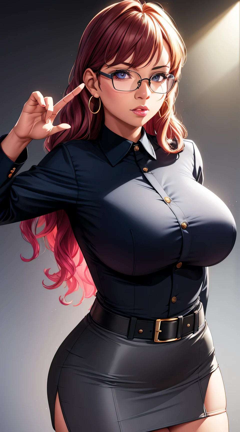 (best quality:1.5, highres, UHD, 4K, detailed lighting, shaders), gold curly haired, gradient hair, large breasts, suit, gray shirt, social shirt, short skirt, mature woman with glasses, perfect fingers, (pov), white background, colorful eyeshadow, dramatic lighting, sparkling eyes, sensual expression, golden earrings, flowing hair, delicate facial features, dark skin, high cheekbones, urban setting, white background, dont look for the camera, lean forward, ( pose : behind the camera)