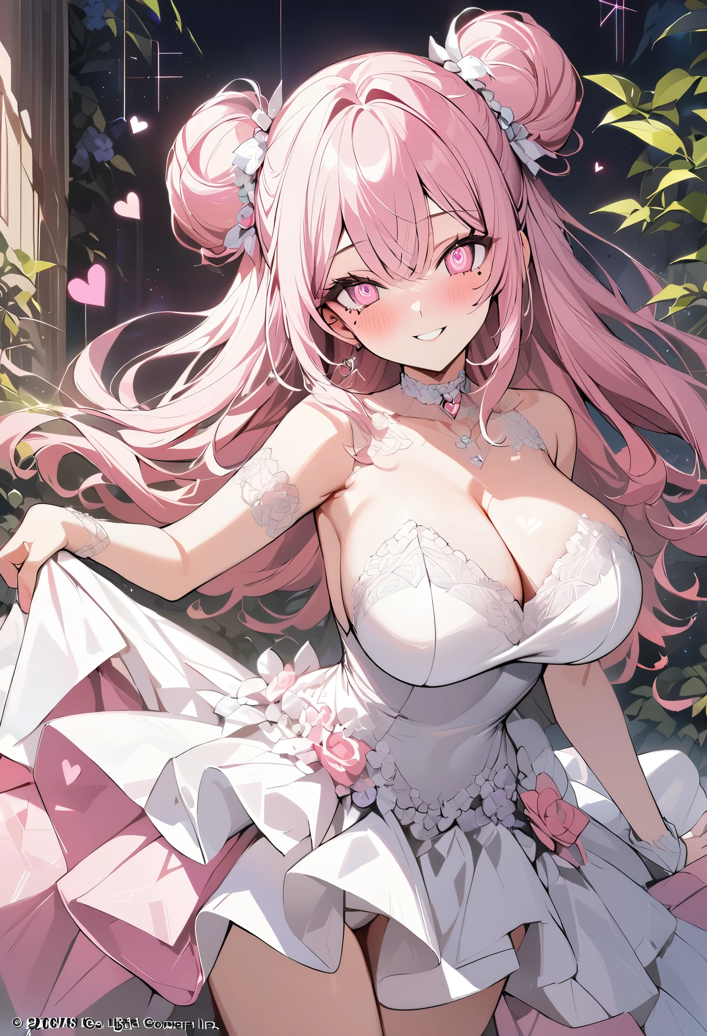 1 girl, pink long bun hair, heart shaped eyes, ♡, big breasts, Wedding dress, {girl with pink long bun hair named Nami}, (Pink eye color), {downtown}, (smile), bright background , mole under eye, heart shaped choker, (masterpiece, highest quality), very detailed, highest quality, official art, beautiful and aesthetic: 1.2), (1 girl), very detailed, (geometry art: 1.3), colorful, most detailed ?d1 girl, pink long bun hair, Eye of the symbol, +__+, big breasts, gothic costume, {A girl with long pink bun hair named Nami}, (Pink eye color), {downtown}, (smile), bright background, （garden,beautiful flower々）,mole under eye, heart shaped choker, (masterpiece, highest quality), official art, beautiful and aesthetic: 1.2), (1 girl), very detailed, (geometry art: 1.3), colorful