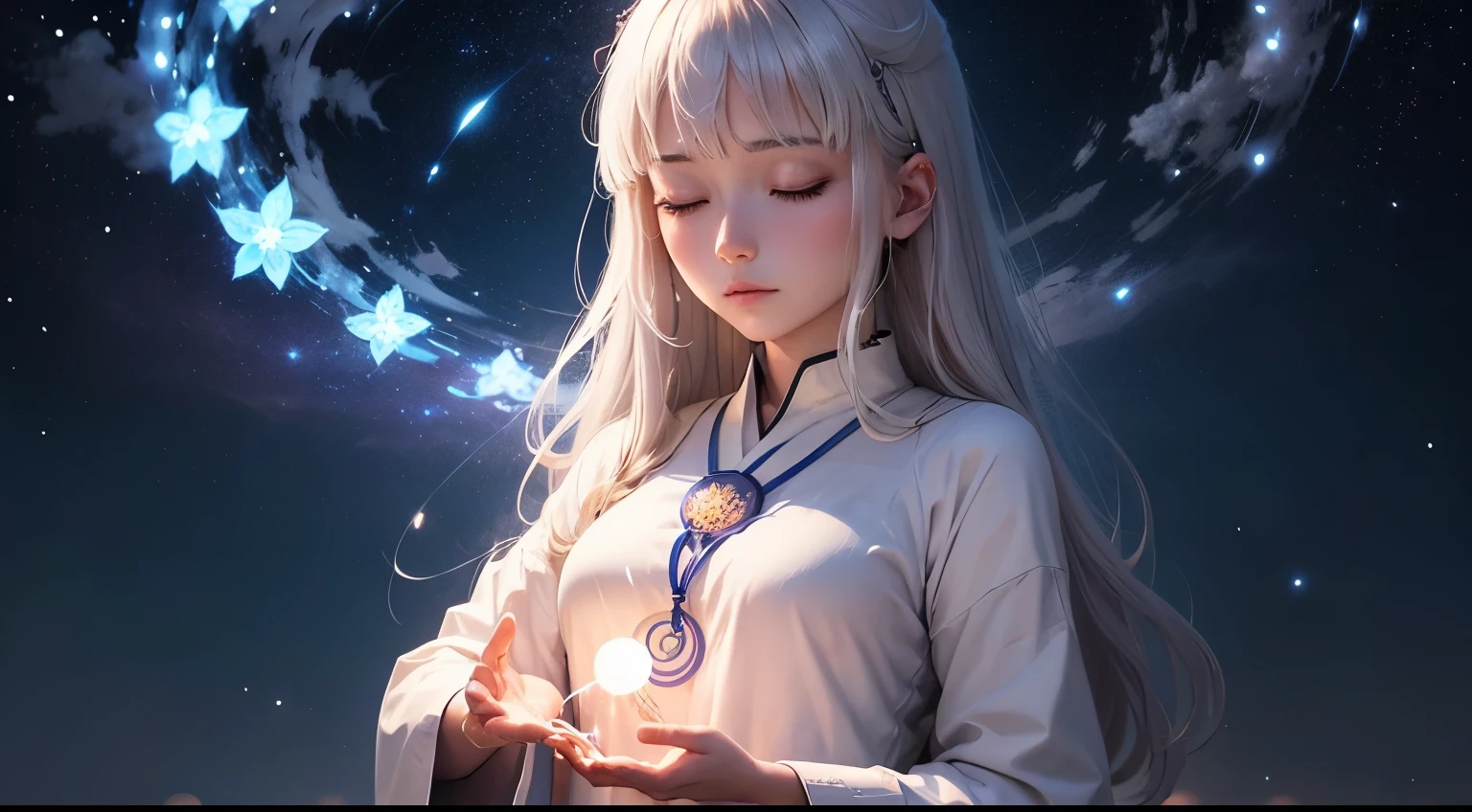 後ろ姿でmeditationポーズする女性一人　starry skies　moon　Create a website design for a human chakra healer, meditation, human hand with energy flowing through it, Seven chakras, White tunic