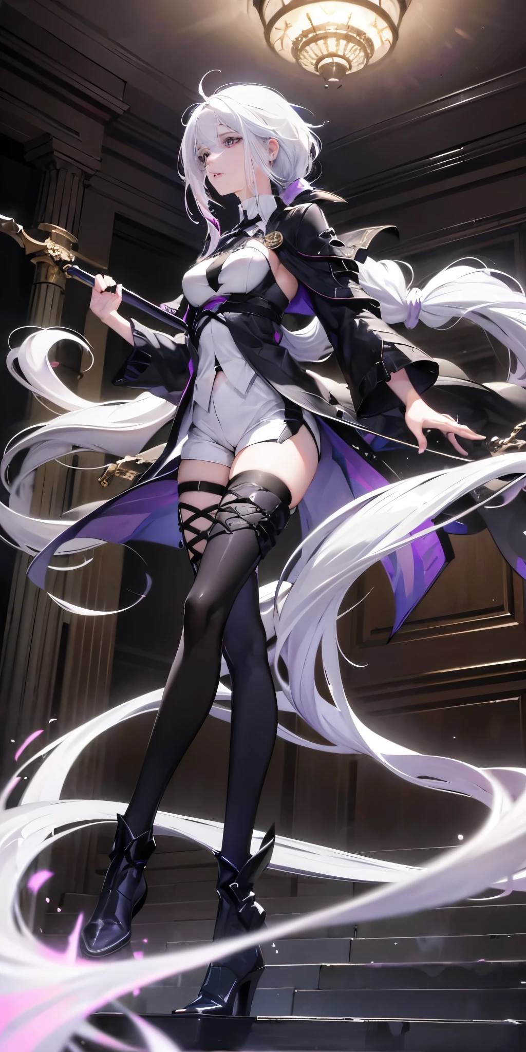 1 girl, medium breasts,floating，Dynamic， purple eyes, (((white hair))), hair accessories, High, young, Equipment-Sword, long hair, tie hair, indoors, black shorts, raise your legs, low ponytail，holding sword，majestic