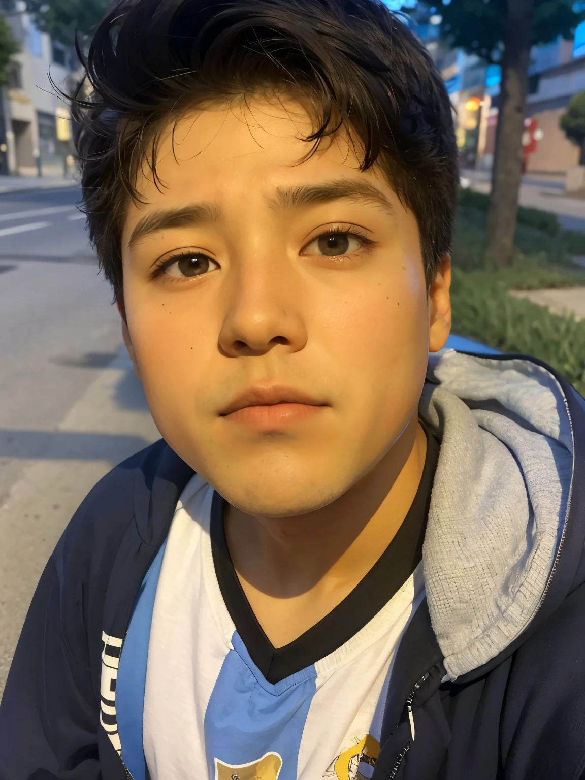 There is a boy standing in the street., chico con cara neutral, jose miguel roman frances, imagen de muy muy baja calidad, tommy 1 6 years, ojos pesados hacia un lado, chico peruano mirando, mirada seria y triste en sus ojos, ojos marrones alerta, looking defiantly into the camera, looking intensely at the camera, looking to the camera