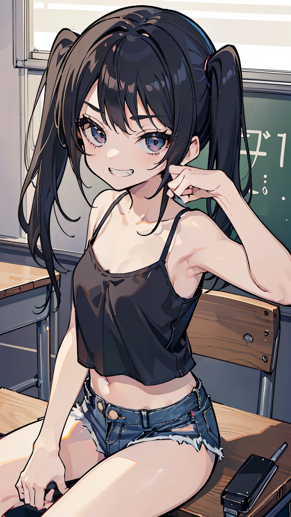 ((Masterpiece)), ((best quality)), (Anime:1.3), (super detail:1.2), (High Definition:1.3), (Professional Photography:1.3), ((12 years old)), cute young Girl, Glossy unruly hair, (loose swept bangs), (colorful hair:1.2), long hair, big eyes, (long eyelashes), ((short eyebrows)), colorful eyes, (evil smile and blush), open mouth, jagged teeth, joy, (cute tanktop), barearms, cute, (Cover your cheeks with both hands), gothic makeup, (in the classroom),
