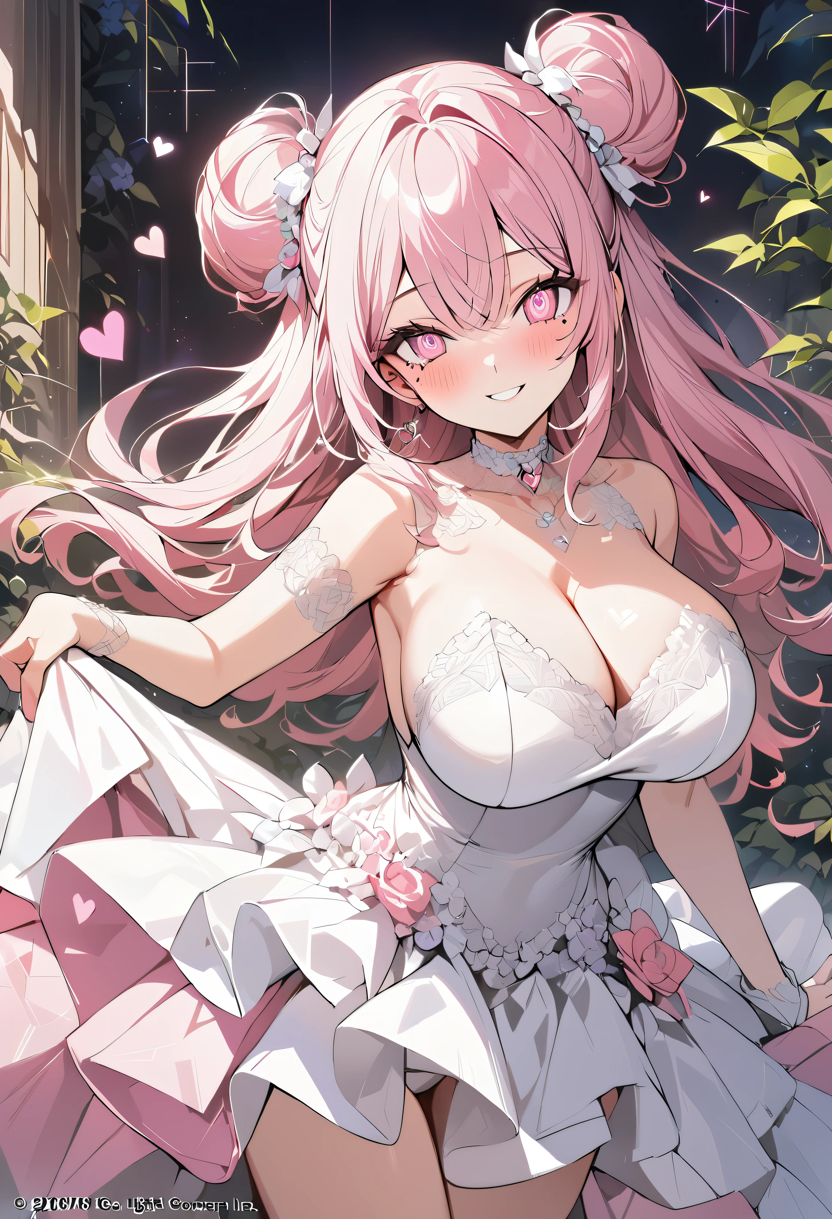 1 girl, pink long bun hair, heart shaped eyes, ♡, big breasts, Wedding dress, {girl with pink long bun hair named Nami}, (Pink eye color), {downtown}, (smile), bright background , mole under eye, heart shaped choker, (masterpiece, highest quality), very detailed, highest quality, official art, beautiful and aesthetic: 1.2), (1 girl), very detailed, (geometry art: 1.3), colorful, most detailed ?d1 girl, pink long bun hair, Eye of the symbol, +__+, big breasts, gothic costume, {A girl with long pink bun hair named Nami}, (Pink eye color), {downtown}, (smile), bright background, (garden,beautiful flower々),mole under eye, heart shaped choker, (masterpiece, highest quality), official art, beautiful and aesthetic: 1.2), (1 girl), very detailed, (geometry art: 1.3), colorful