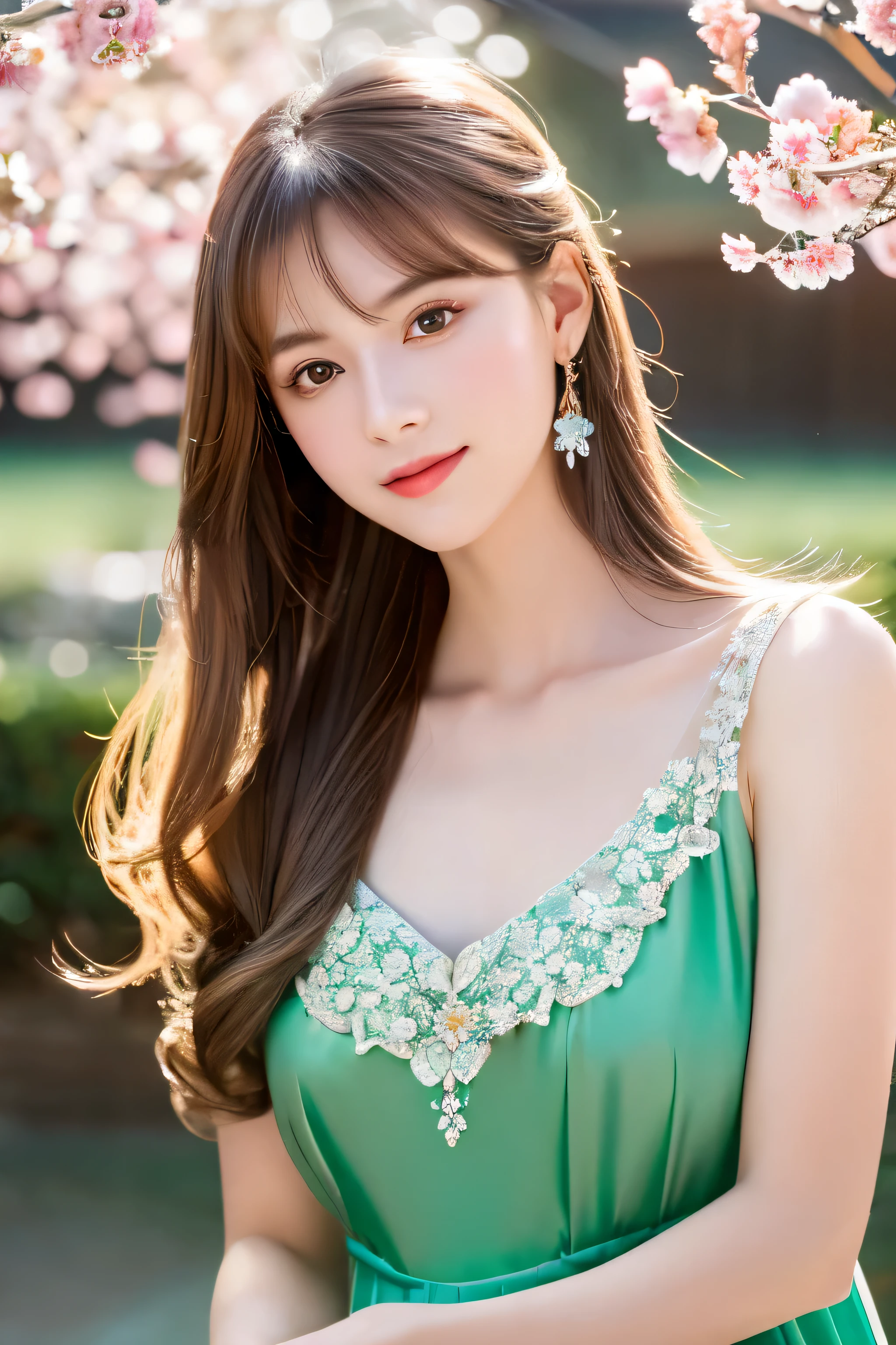 A woman in a green dress posing for a picture - SeaArt AI