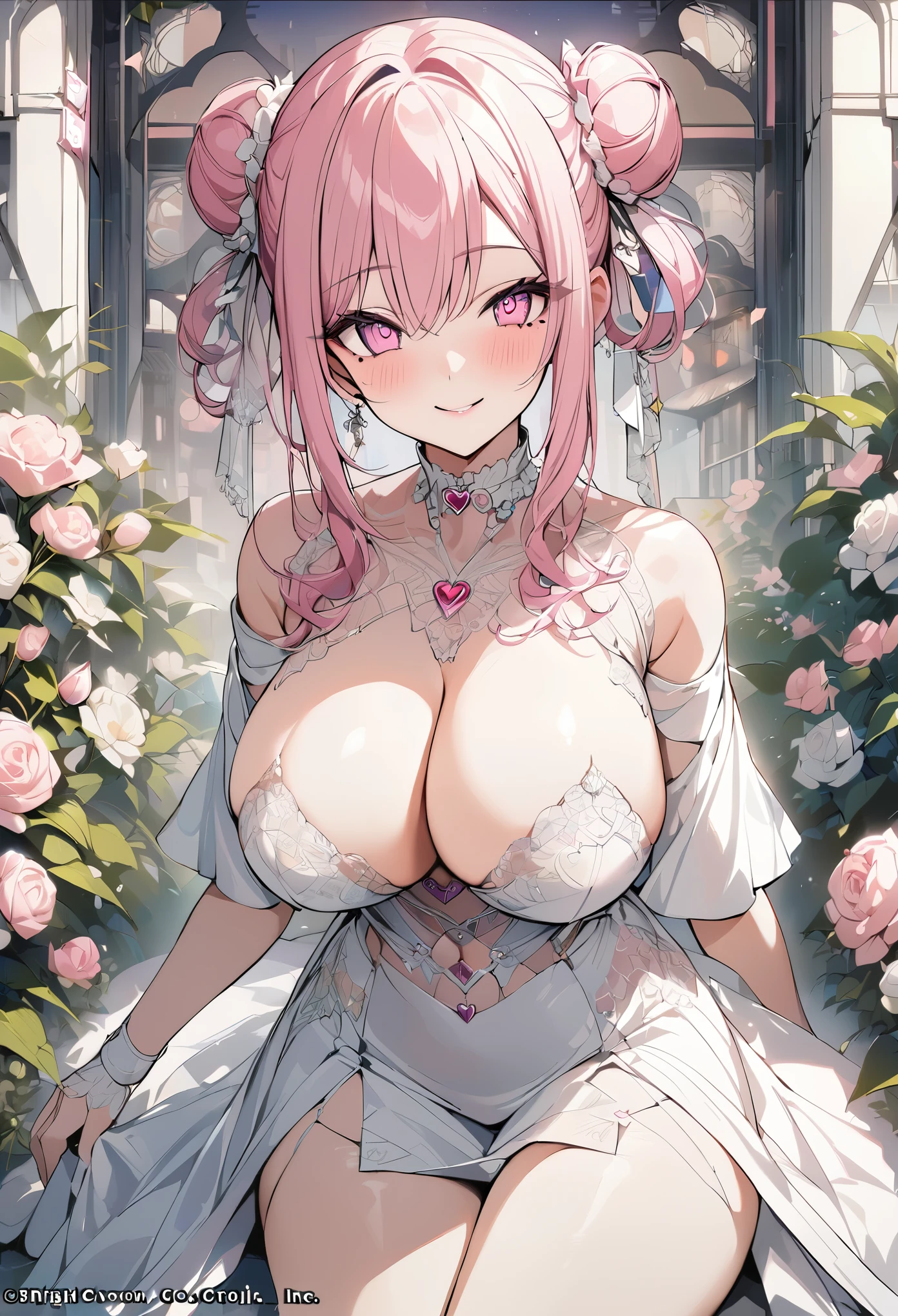1 girl, pink long bun hair, heart shaped eyes, ♡, big breasts, Wedding dress, {girl with pink long bun hair named Nami}, (Pink eye color), {downtown}, (smile), bright background , mole under eye, heart shaped choker, (masterpiece, highest quality), very detailed, highest quality, official art, beautiful and aesthetic: 1.2), (1 girl), very detailed, (geometry art: 1.3), colorful, most detailed ?d1 girl, pink long bun hair, Eye of the symbol, +__+, big breasts, gothic costume, {A girl with long pink bun hair named Nami}, (Pink eye color), {downtown}, (smile), bright background, (garden,beautiful flower々),mole under eye, heart shaped choker, (masterpiece, highest quality), official art, beautiful and aesthetic: 1.2), (1 girl), very detailed, (geometry art: 1.3), colorful