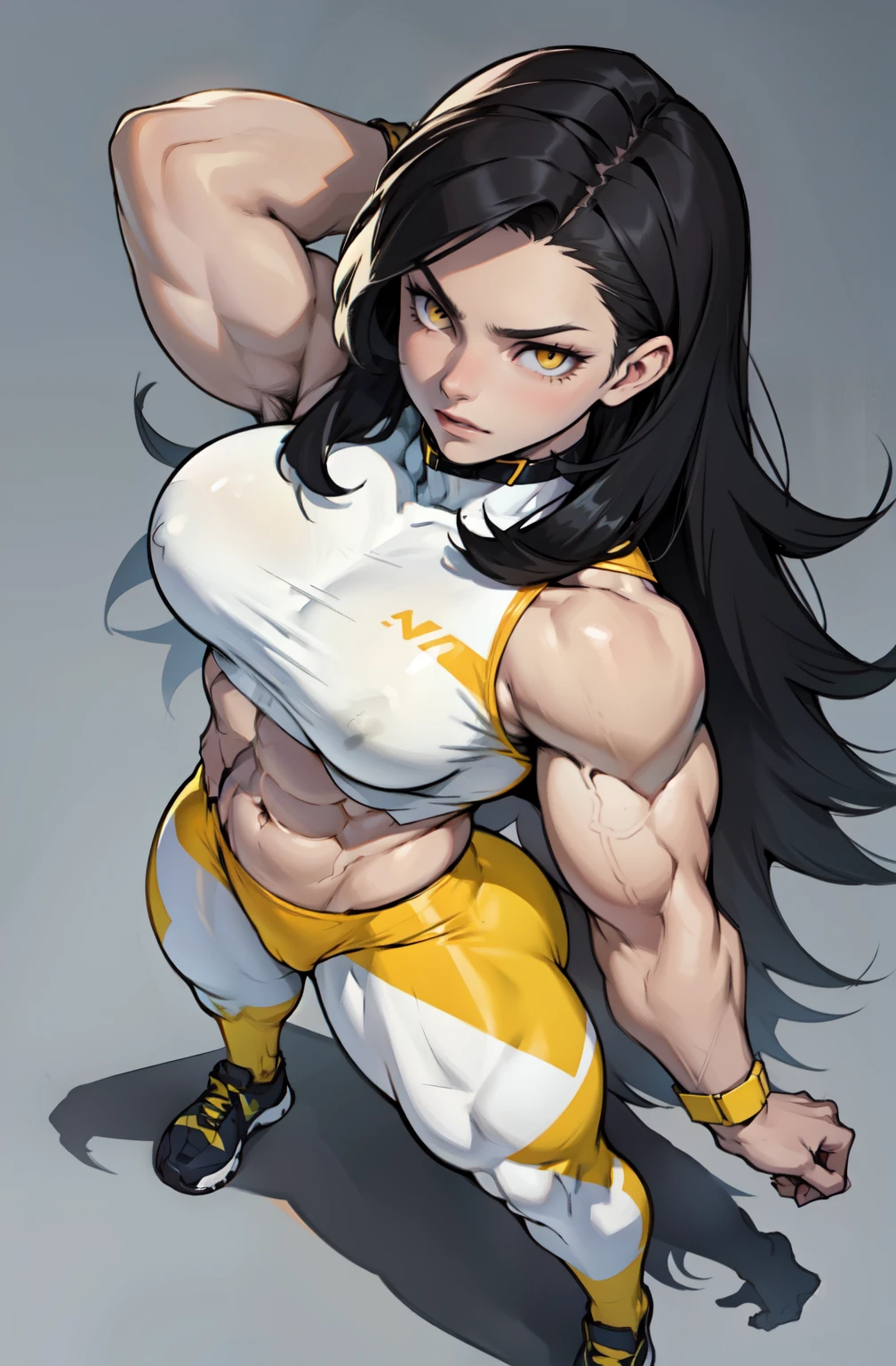 1girl pale skin muscular toned body black hair yellow eyes long hair huge muscles leggings muscles simple background ((from above)) breasts