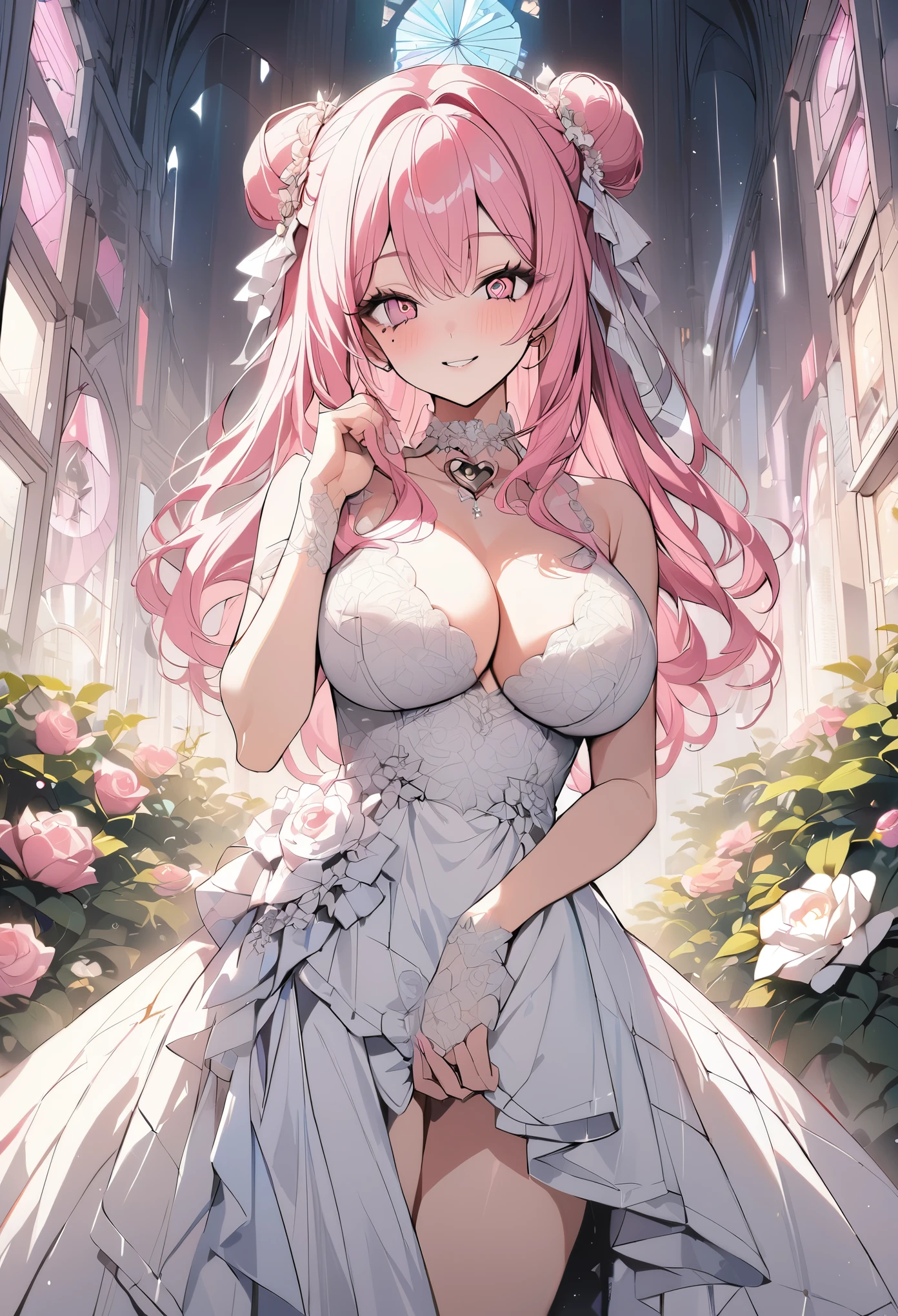 1 girl, pink long bun hair, heart shaped eyes, ♡, big breasts, Wedding dress, {girl with pink long bun hair named Nami}, (Pink eye color), {downtown}, (smile), bright background , mole under eye, heart shaped choker, (masterpiece, highest quality), very detailed, highest quality, official art, beautiful and aesthetic: 1.2), (1 girl), very detailed, (geometry art: 1.3), colorful, most detailed ?d1 girl, pink long bun hair, Eye of the symbol, +__+, big breasts, gothic costume, {A girl with long pink bun hair named Nami}, (Pink eye color), {downtown}, (smile), bright background, （garden,beautiful flower々）,mole under eye, heart shaped choker, (masterpiece, highest quality), official art, beautiful and aesthetic: 1.2), (1 girl), very detailed, (geometry art: 1.3), colorful