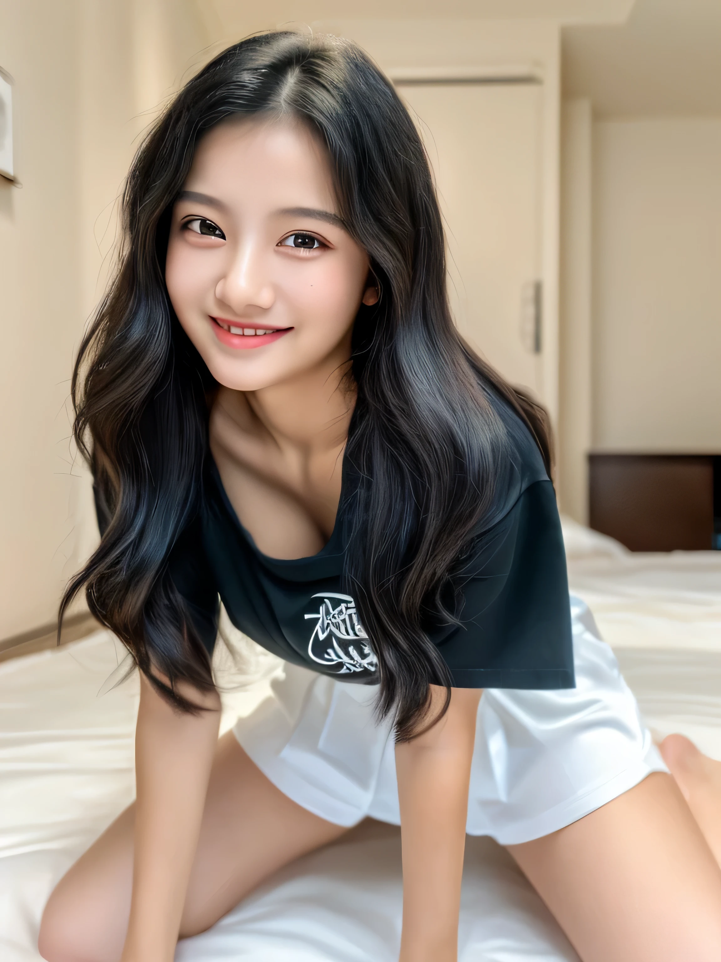 beautiful girl,17 years old,light smile,full body,simple background,
master piece,4K,8K,(master piece,ultra high resolution:1.4),(master piece,photographrealistic:1.4),master piece,detailed eyes,master piece,detailed face, black delicate hair, wearing shirt, sexy, tempting, in room, sweat, horny