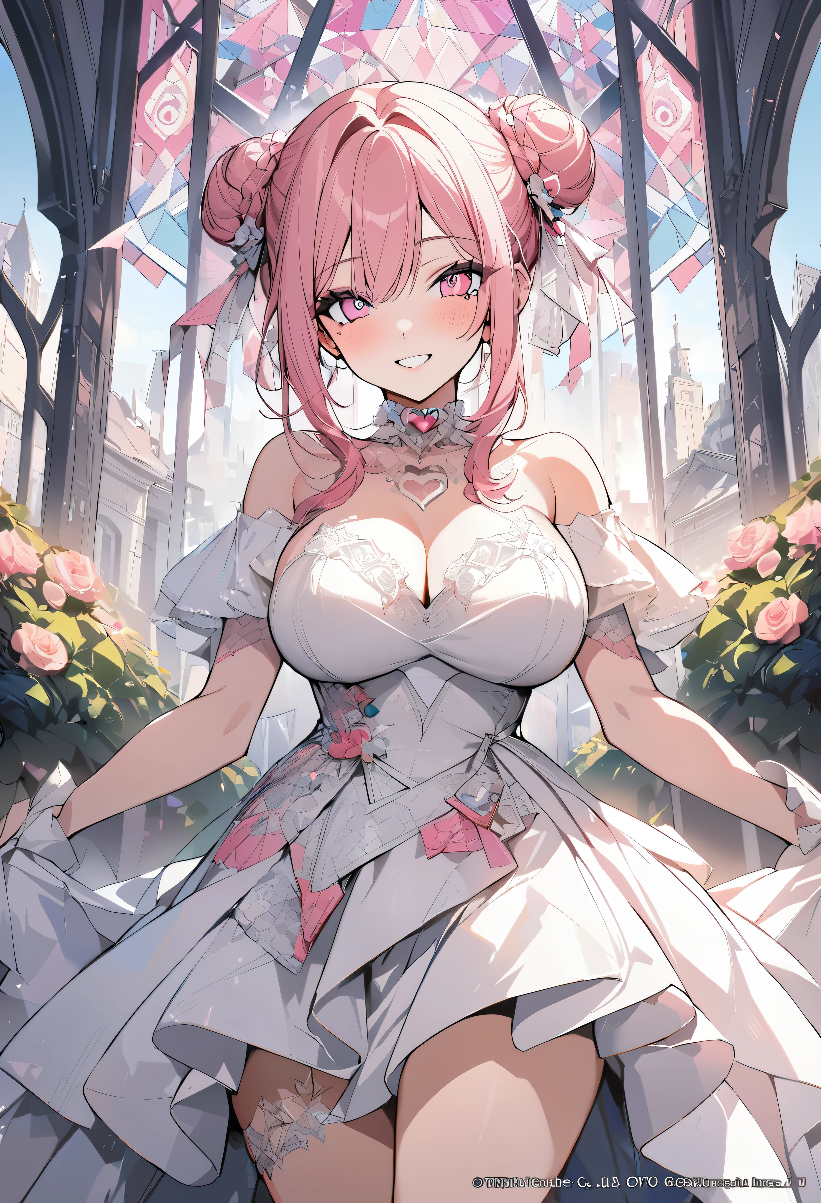 1 girl, pink long bun hair, heart shaped eyes, ♡, big breasts, Wedding dress, {girl with pink long bun hair named Nami}, (Pink eye color), {downtown}, (smile), bright background , mole under eye, heart shaped choker, (masterpiece, highest quality), very detailed, highest quality, official art, beautiful and aesthetic: 1.2), (1 girl), very detailed, (geometry art: 1.3), colorful, most detailed ?d1 girl, pink long bun hair, Eye of the symbol, +__+, big breasts, gothic costume, {A girl with long pink bun hair named Nami}, (Pink eye color), {downtown}, (smile), bright background, （garden,beautiful flower々）,mole under eye, heart shaped choker, (masterpiece, highest quality), official art, beautiful and aesthetic: 1.2), (1 girl), very detailed, (geometry art: 1.3), colorful